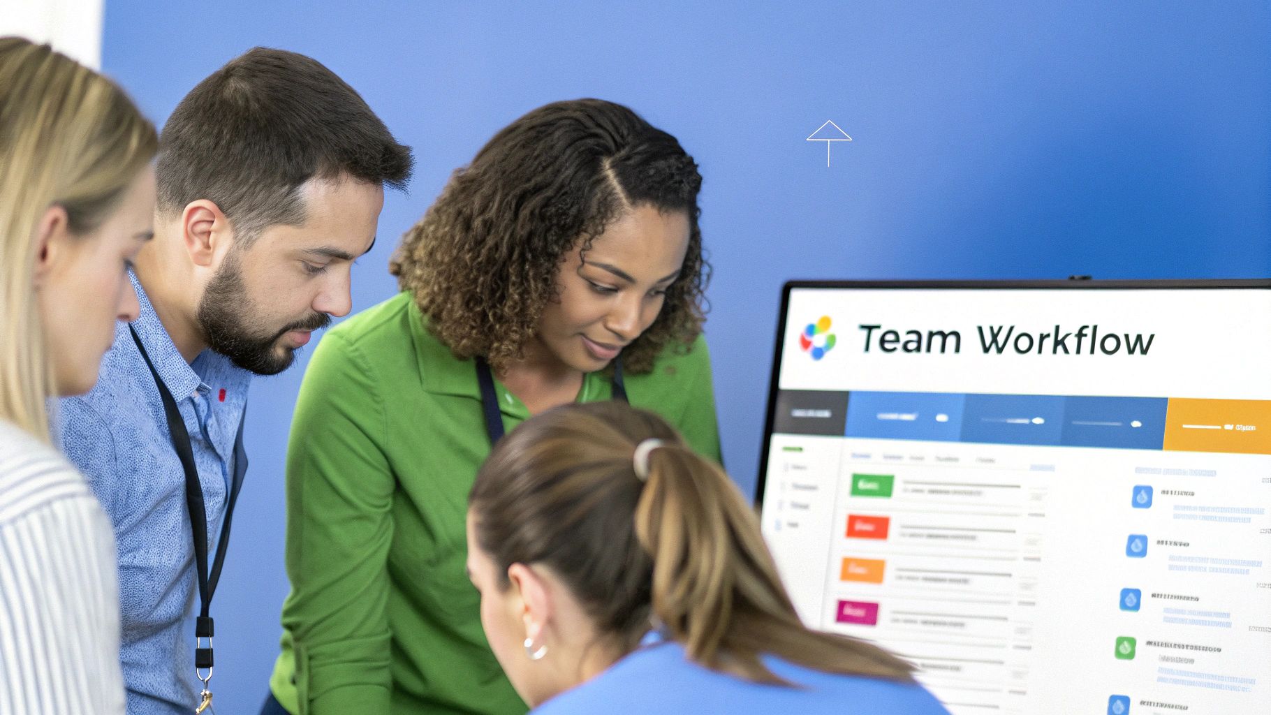 Ein diverses Team arbeitet gemeinsam an einem Tisch und nutzt Laptops und Tablets, um eine Präsentation zu erstellen, während KI-Symbole um sie herum schweben.