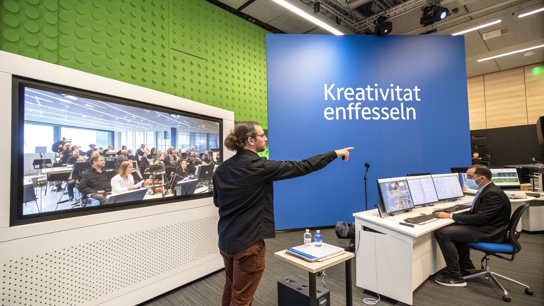 Eine Person arbeitet an einem Laptop, umgeben von leuchtenden, abstrakten KI-Visualisierungen, die Kreativität und Technologie symbolisieren.