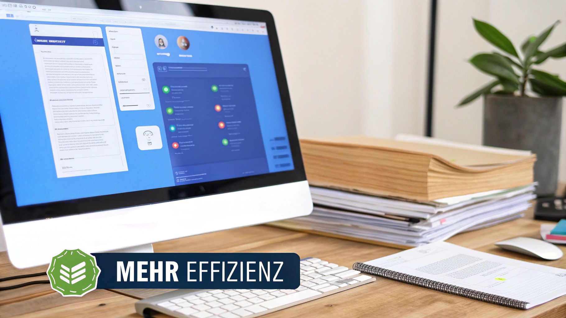 Eine Collage aus verschiedenen Business-Szenarien, in denen Menschen mit KI-Interfaces interagieren, um ihre Arbeit zu beschleunigen.