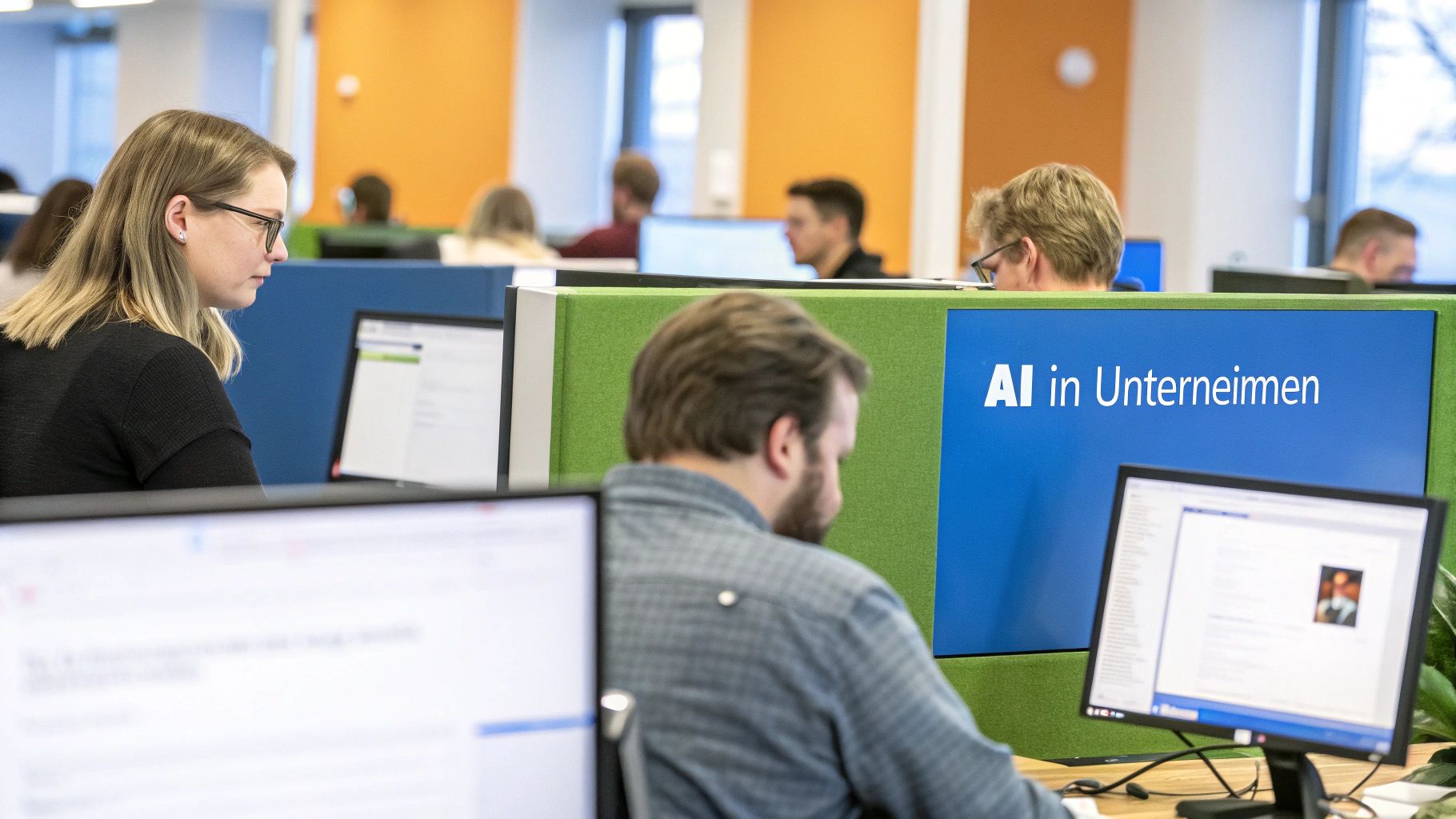 Eine Person arbeitet an einem Laptop, umgeben von leuchtenden Symbolen für Marketing, HR und Produktentwicklung.