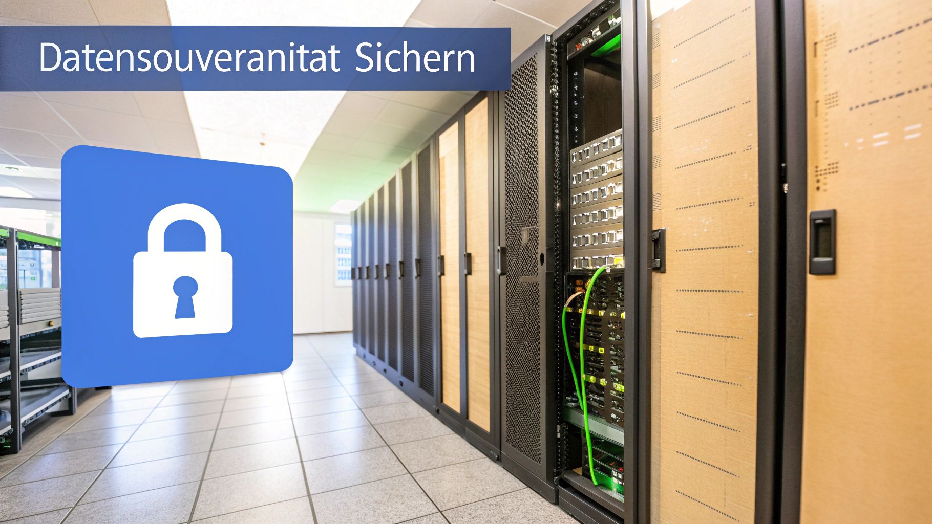 Eine Person arbeitet an einem Laptop, über dem ein stilisiertes Schloss-Symbol schwebt, das Datensicherheit symbolisiert.