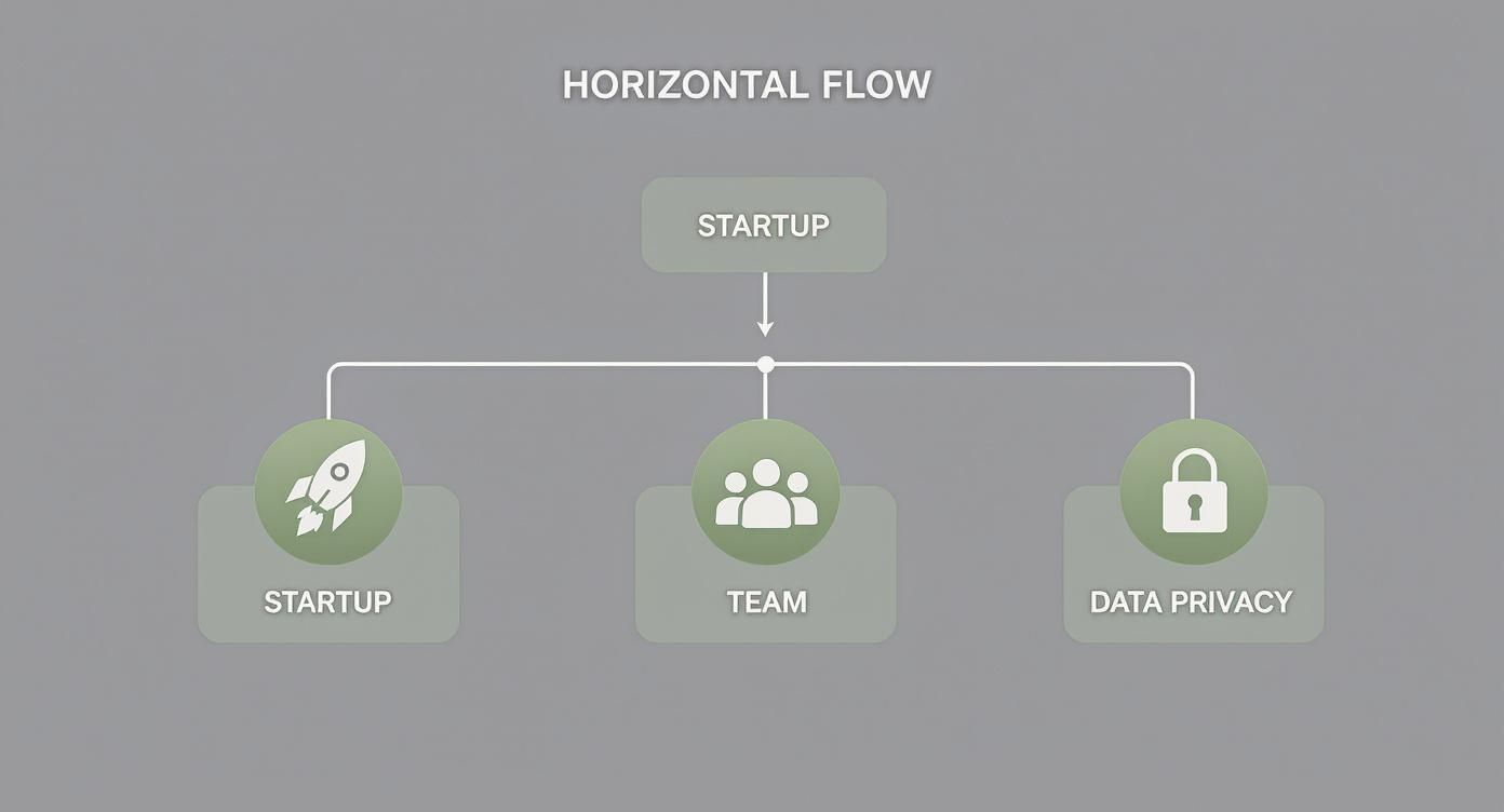 Infografik als Entscheidungsbaum zur Auswahl der passenden ChatGPT Alternative, unterteilt in Pfade für Start-ups, Teams und Datenschutz-Fokus.