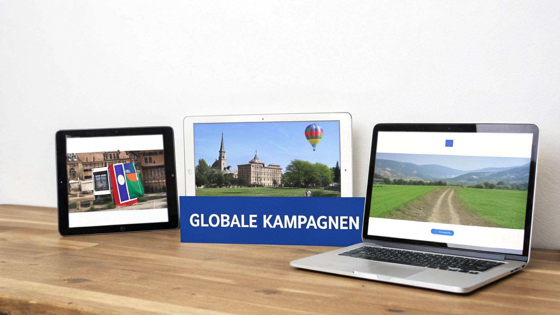 Eine Weltkarte mit leuchtenden Verbindungslinien zwischen verschiedenen Metropolen, die globale Marketingkampagnen symbolisieren.