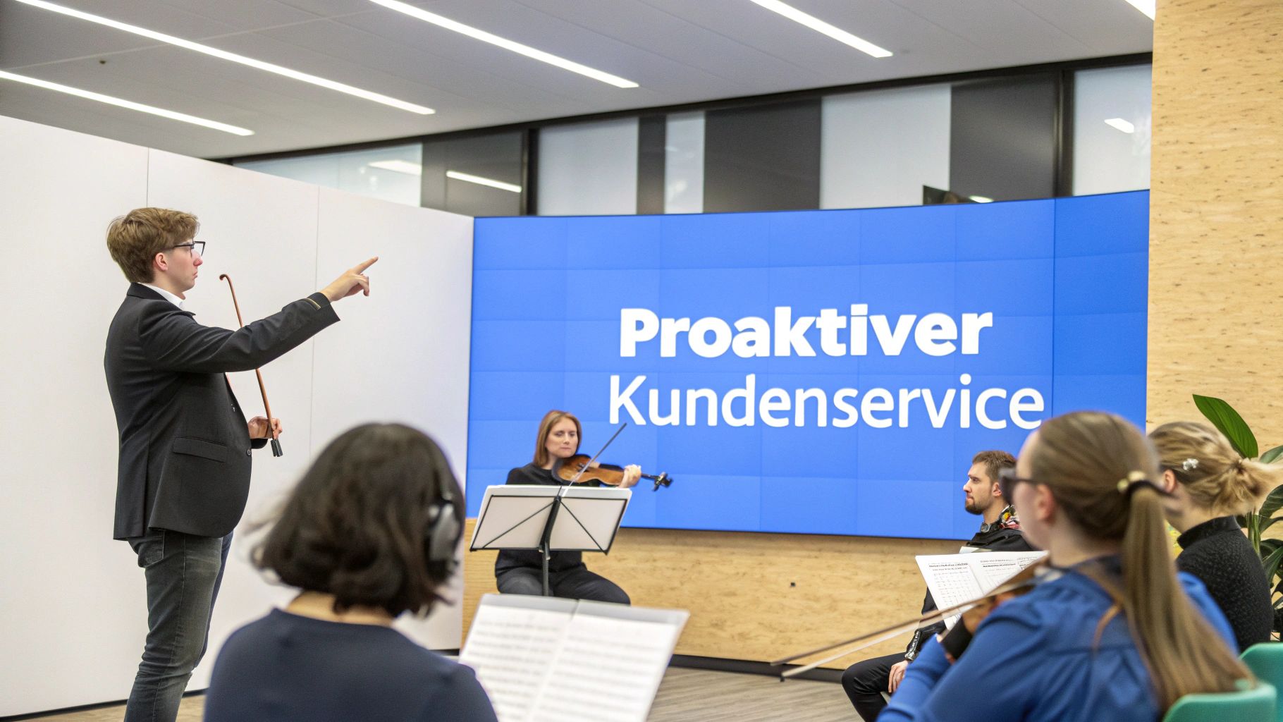 Ein Dirigent führt ein Orchester mit Leidenschaft, symbolisch für proaktiven Kundenservice.