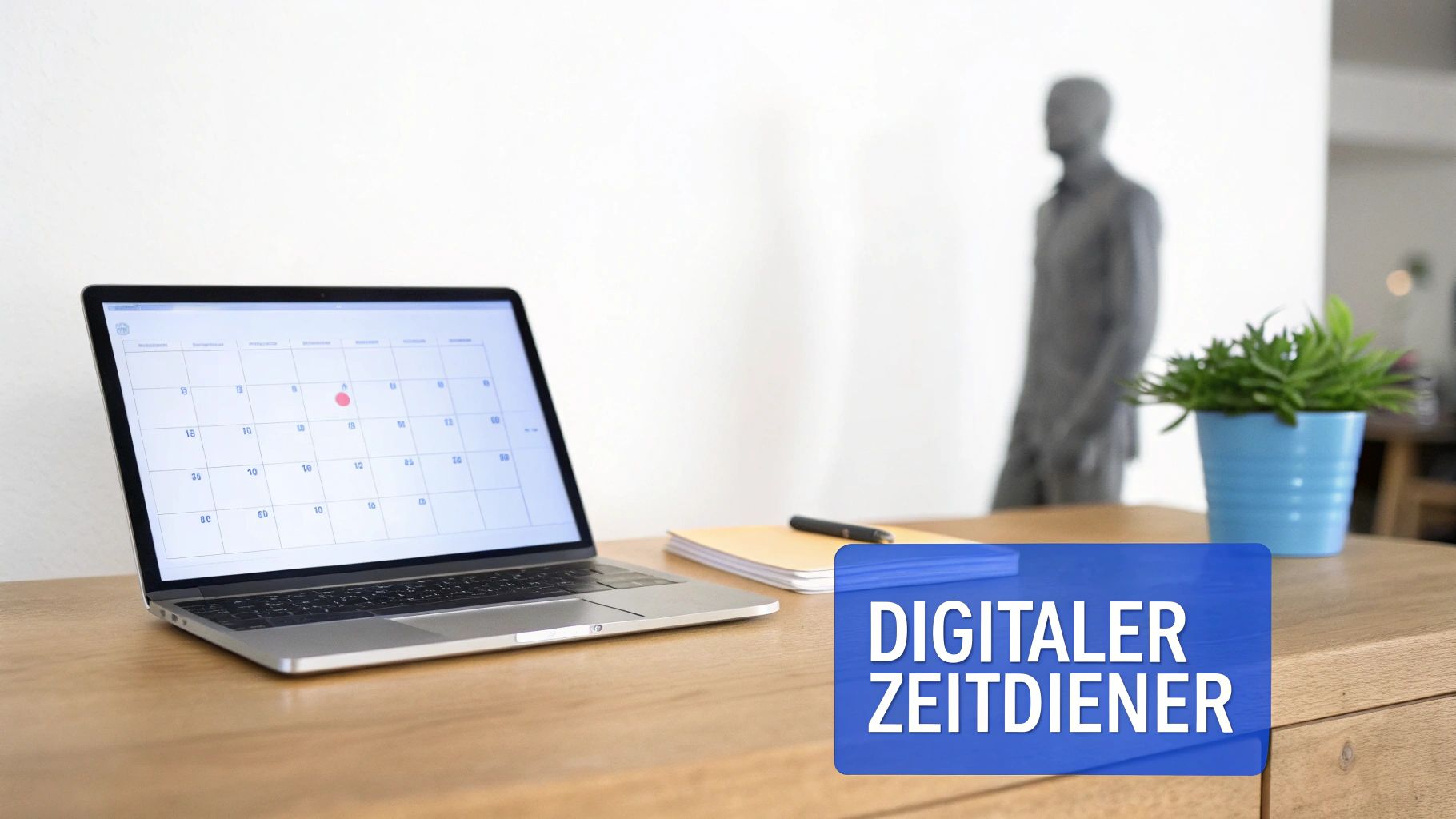 Eine Person, die konzentriert an einem Schreibtisch mit Laptop und Notizbuch arbeitet, umgeben von Uhren, die Effizienz symbolisieren.