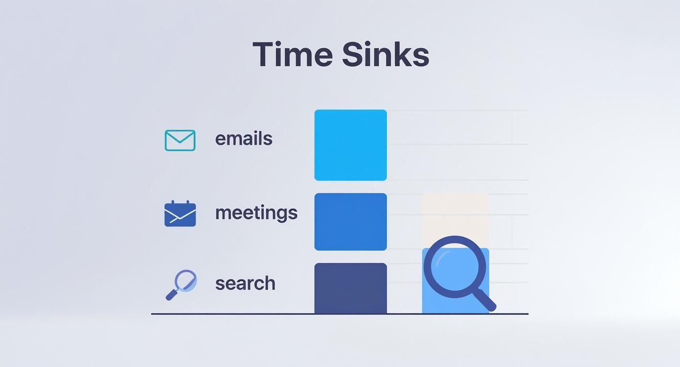 Infografik mit einem Balkendiagramm über Zeitfresser im Büroalltag, aufgeteilt in E-Mails, Meetings und die Suche nach Informationen.