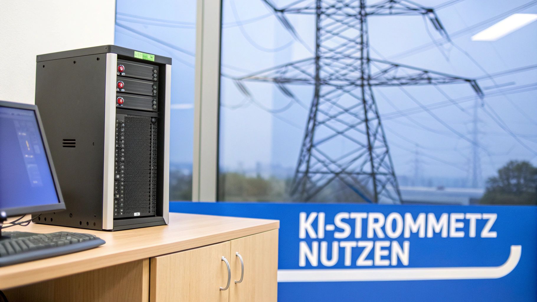 Person steht vor einer leuchtenden Wand aus Datenströmen, die wie ein Stromnetz aussehen