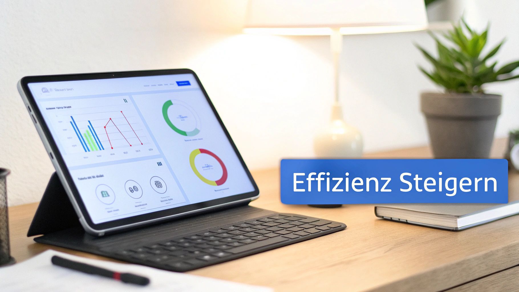 Eine Grafik, die Produktivitätssteigerung durch den Einsatz eines KI-Chatbots darstellt, mit wachsenden Balkendiagrammen und positiven Indikatoren.