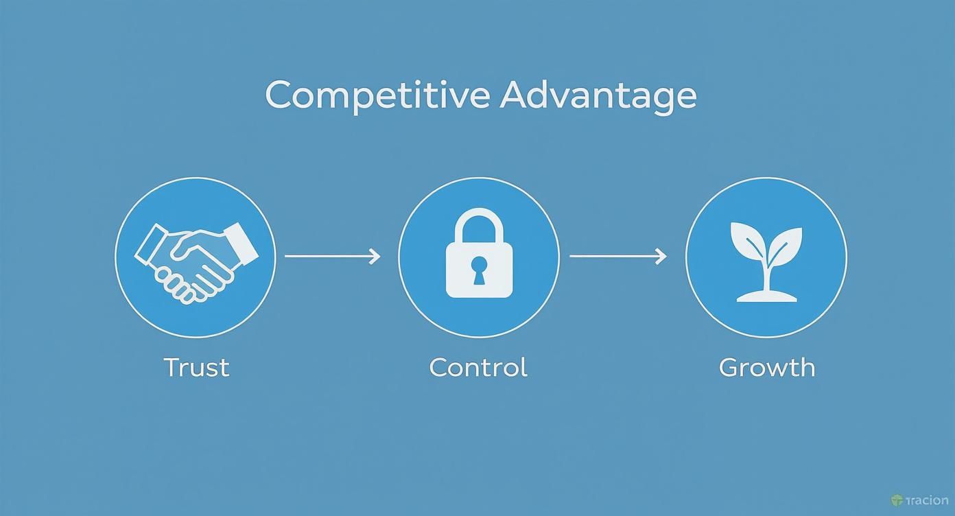 Infografik, die den Prozess zum Wettbewerbsvorteil durch Vertrauen, Kontrolle und Wachstum visualisiert.
