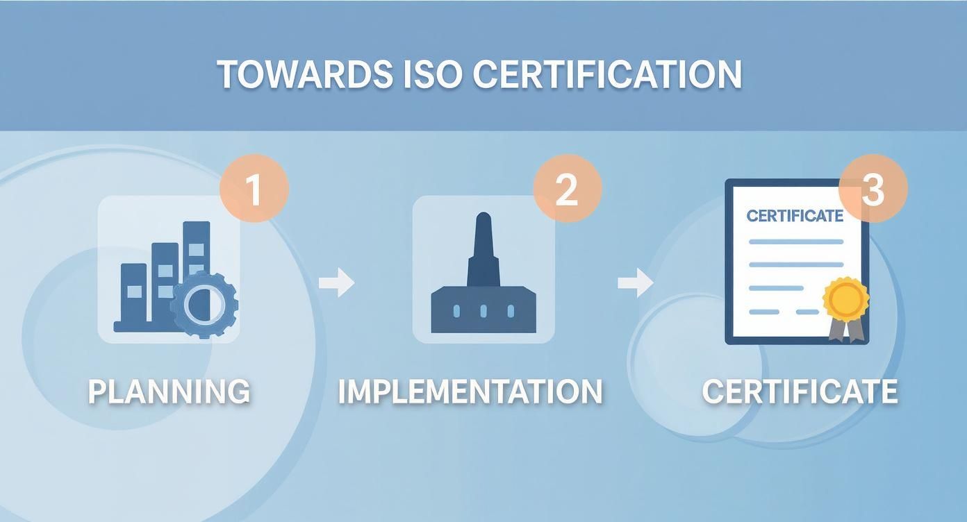 Infografik, die den Prozess-Fluss zur ISO-Zertifizierung in drei Schritten zeigt: Planung mit einem Bauplan-Icon, Umsetzung mit einem Fundament-Icon und das Zertifikat mit einem Zertifikat-Icon.