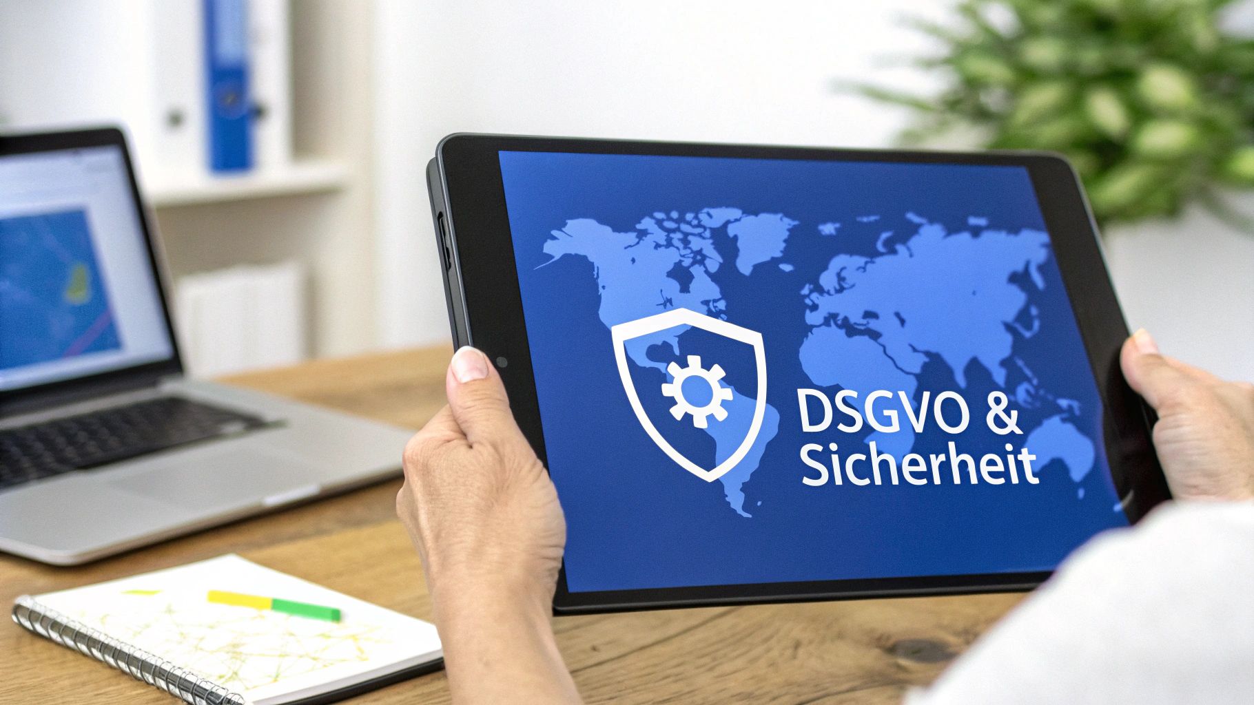 Eine Person, die an einem Laptop arbeitet, umgeben von Icons, die Sicherheit und Datenschutz symbolisieren.