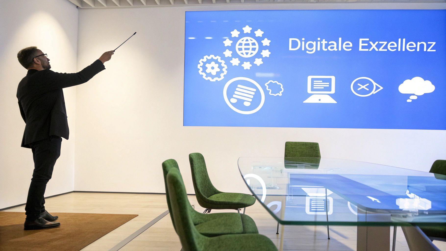 Ein Orchester wird von einem digitalen Dirigenten geleitet, der operative Exzellenz symbolisiert.