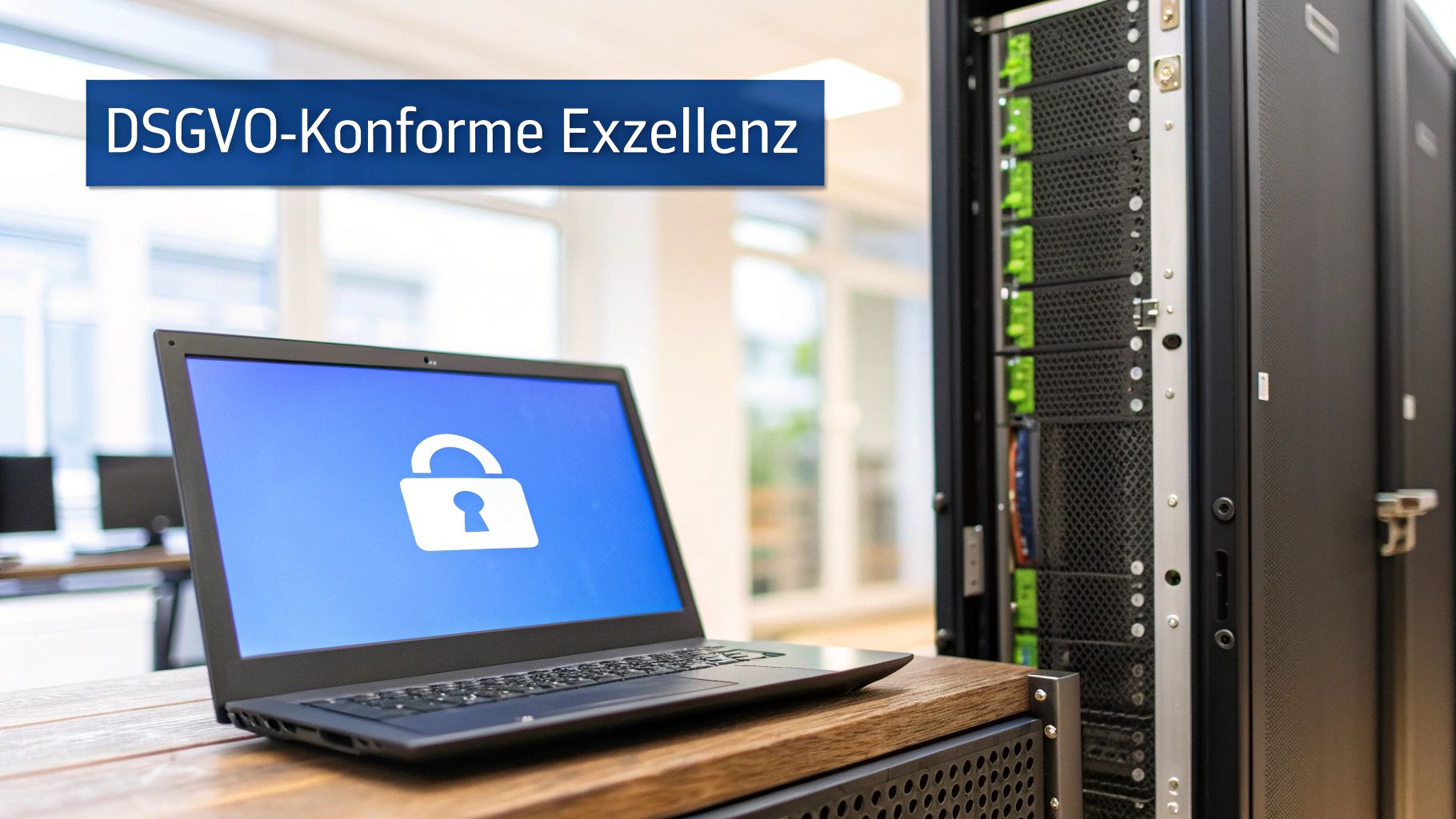 Ein Schild mit der Aufschrift 'DSGVO' steht schützend vor einer digitalen Darstellung von Unternehmensdaten.
