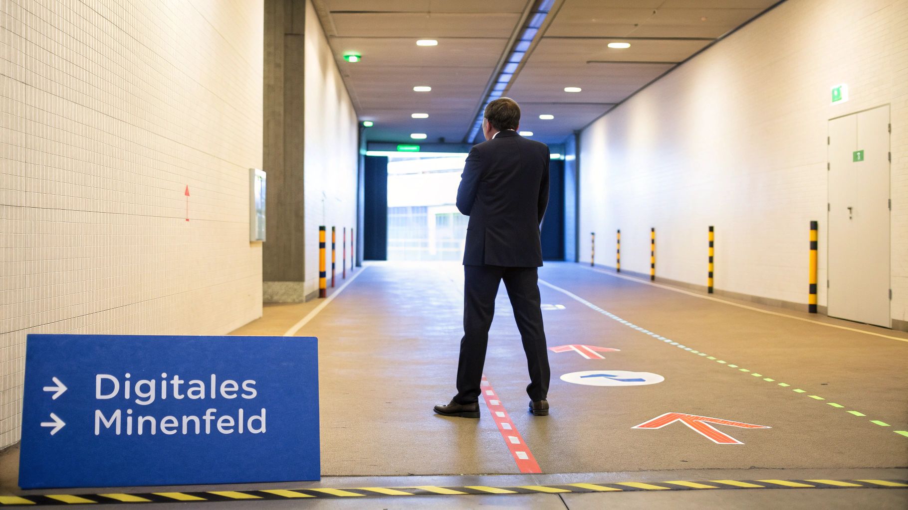 Ein Wegweiser steht in einer digitalen Landschaft, ein Pfeil zeigt auf einen sicheren Pfad namens 'InnoGPT', während der andere auf ein 'Minenfeld' mit dem Namen 'ChatGPT' und DSGVO-Warnschildern zeigt.