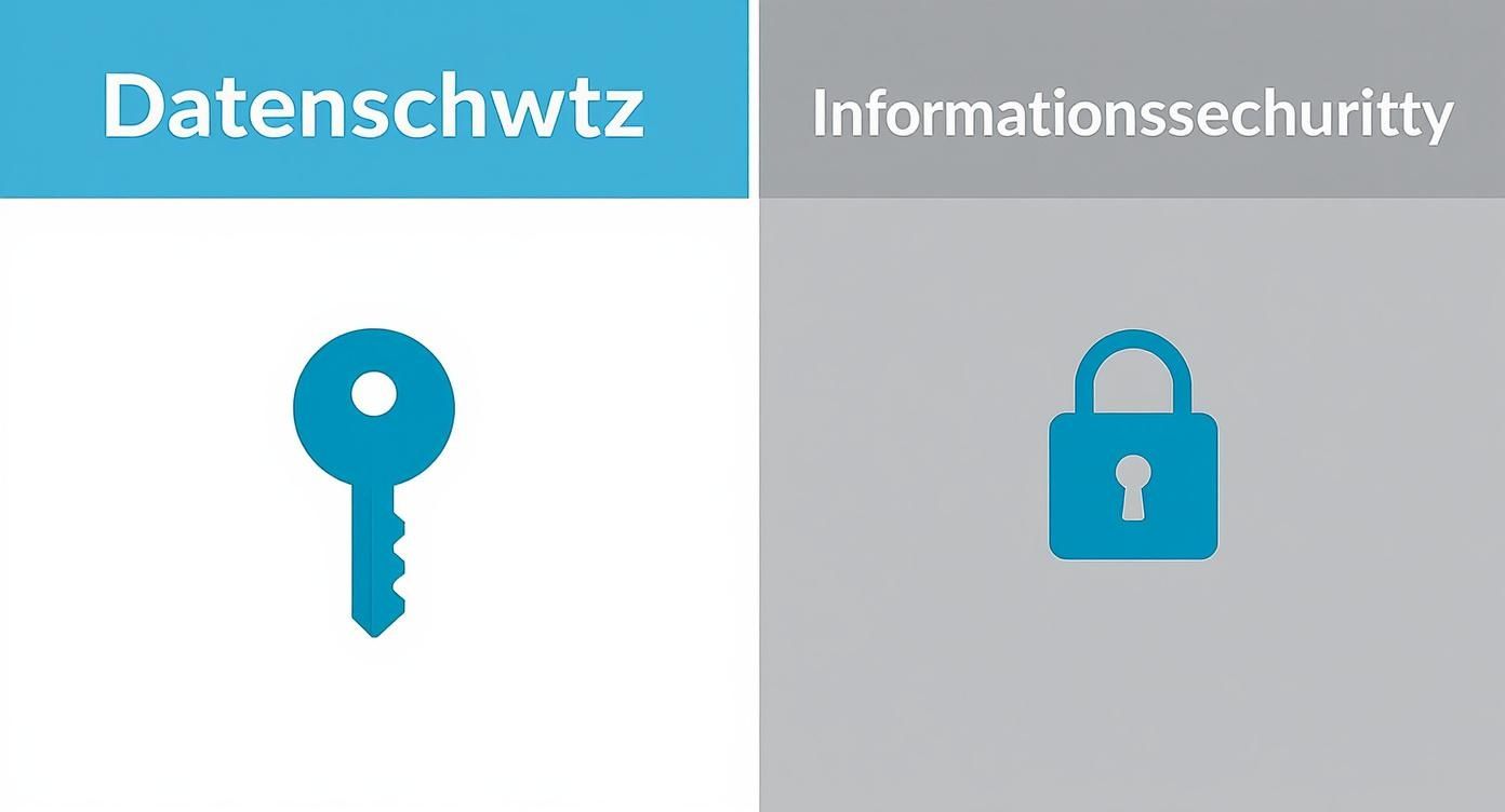 Infografik über den Unterschied zwischen Datenschutz und Informationssicherheit