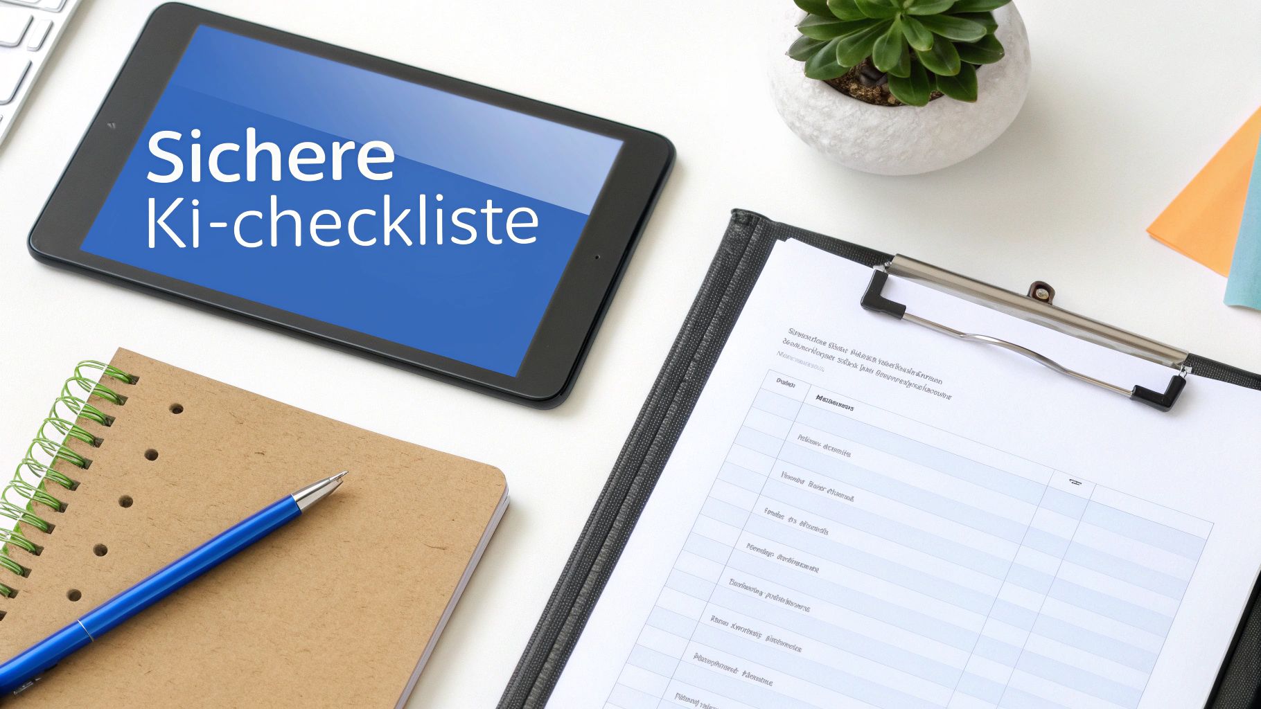 Eine Checkliste wird auf einem digitalen Tablet abgehakt, im Hintergrund sind Symbole für Sicherheit und KI zu sehen.