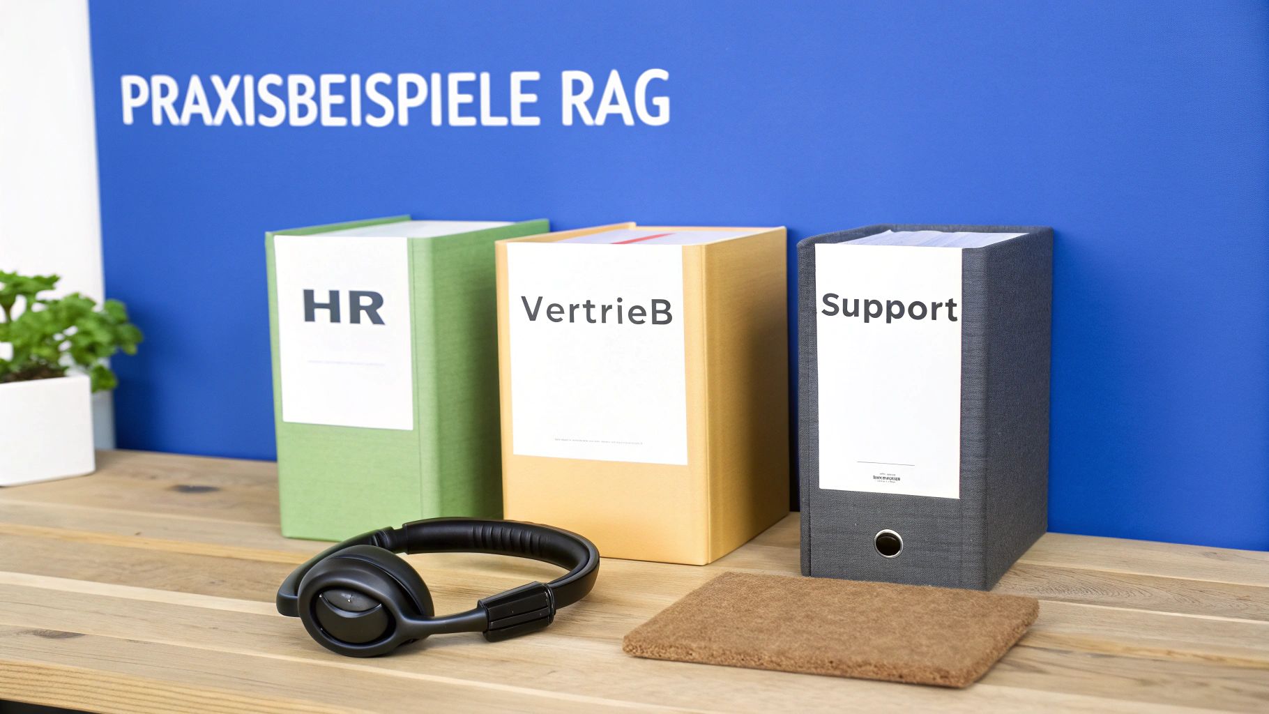 Eine Illustration, die verschiedene Geschäftsbereiche wie HR, Vertrieb und Support durch vernetzte Daten und KI symbolisiert.