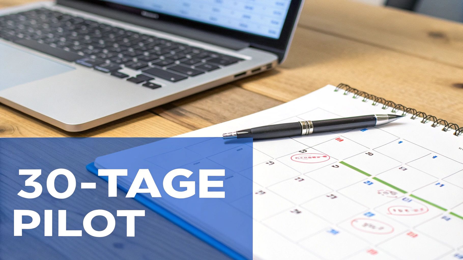 Ein Kalenderblatt mit dem Titel "30-Tage-KI-Pilotprojekt" und Checklistenpunkten, die die Phasen des Projekts darstellen.