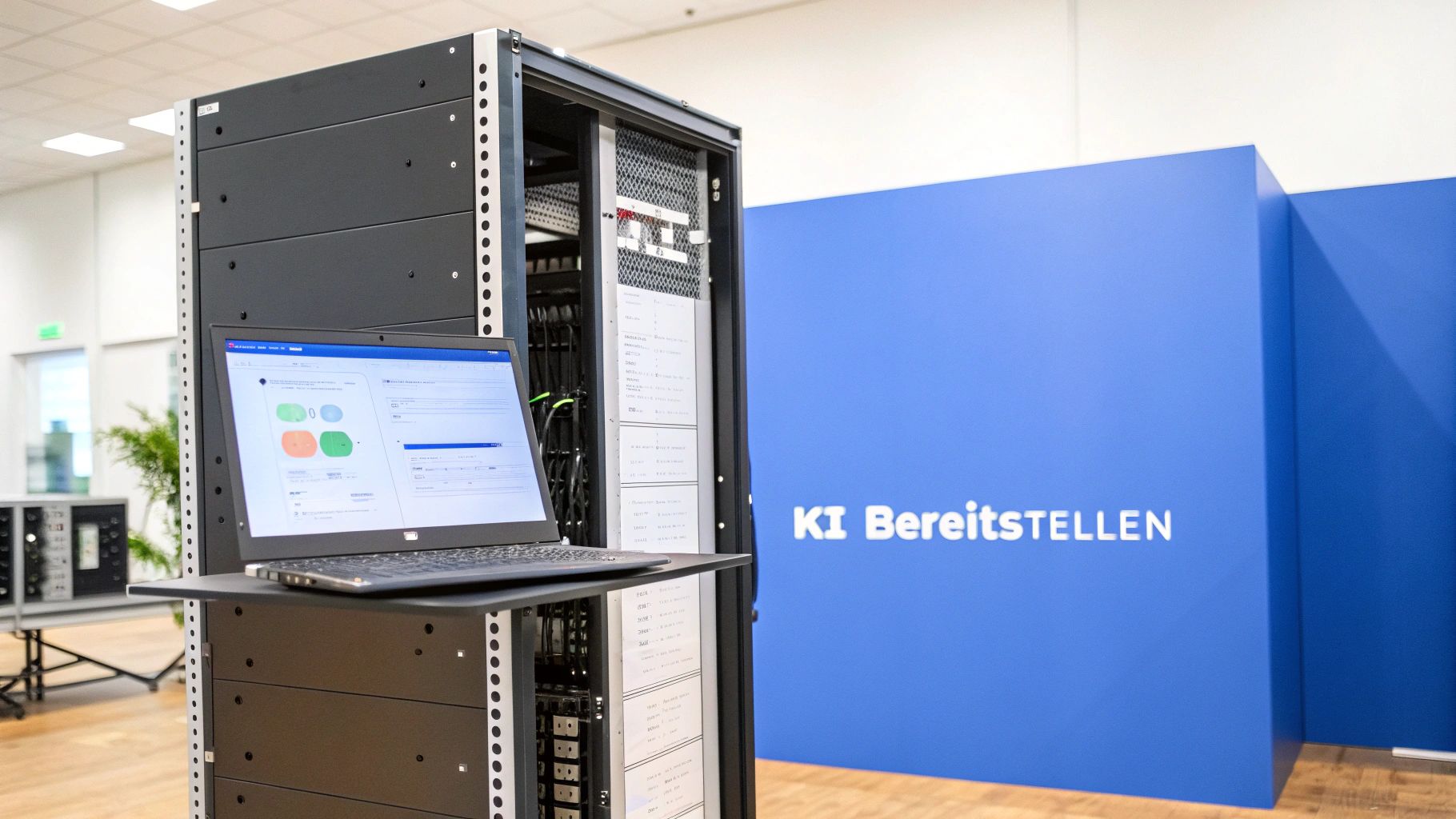 Eine abstrakte Darstellung von Cloud-Servern, die durch leuchtende Linien verbunden sind, symbolisiert die Bereitstellung einer KI-Lösung in einer digitalen Infrastruktur.