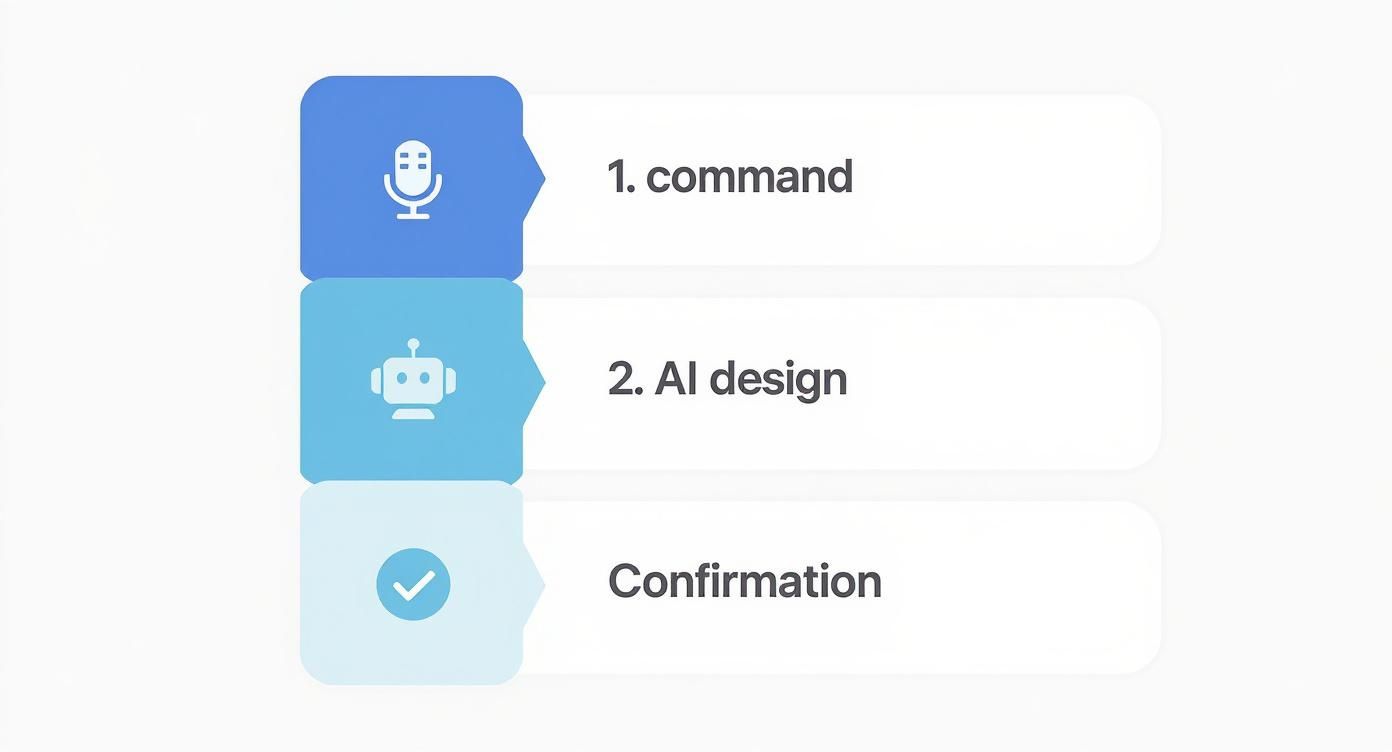 Infografik, die den dreistufigen Workflow mit InnoGPT in Outlook zeigt: Sprachbefehl, KI-Entwurf und Bestätigung.