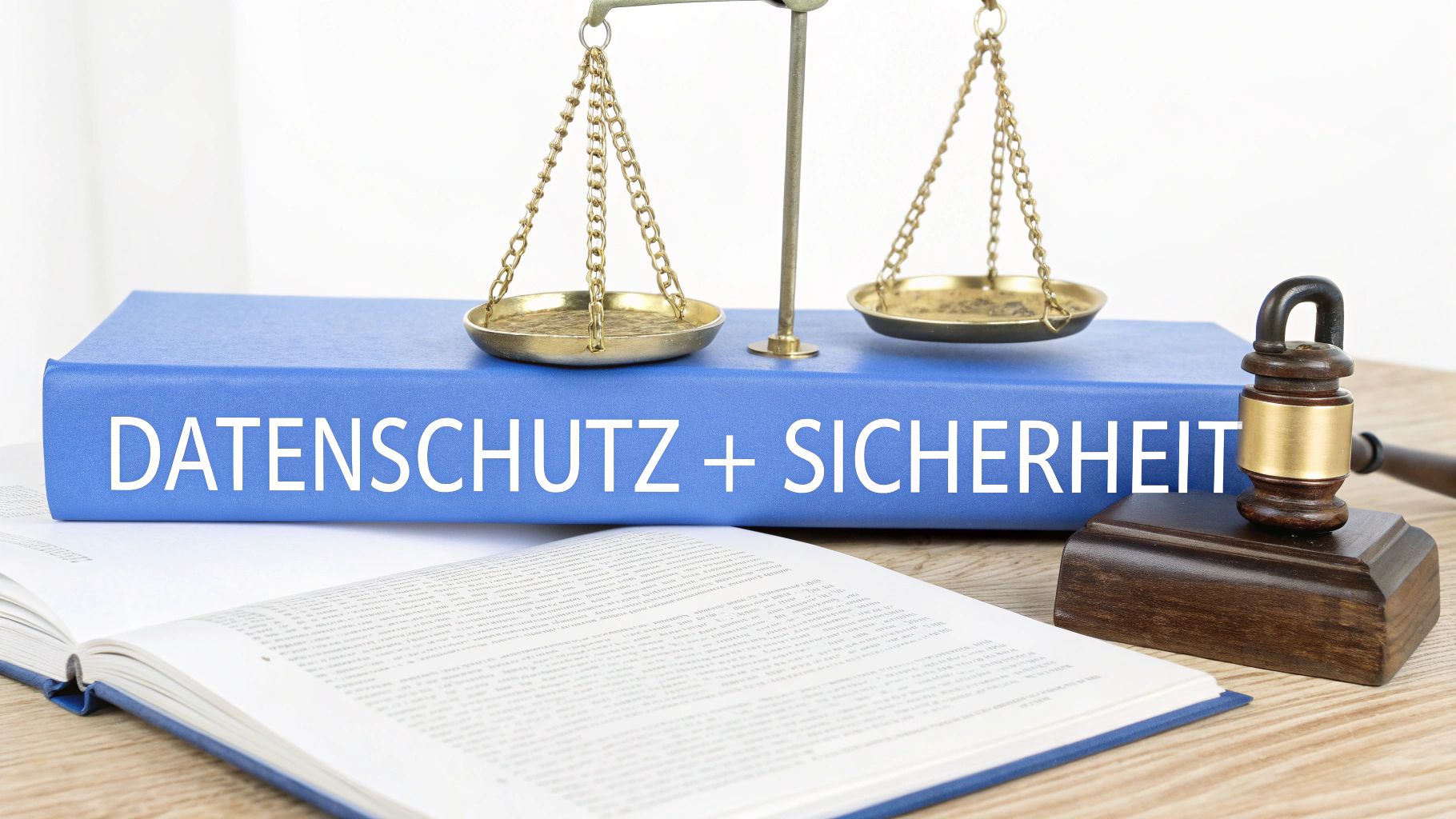 Eine symbolische Brücke verbindet zwei Säulen, die mit den Symbolen für Datenschutz und Informationssicherheit beschriftet sind.