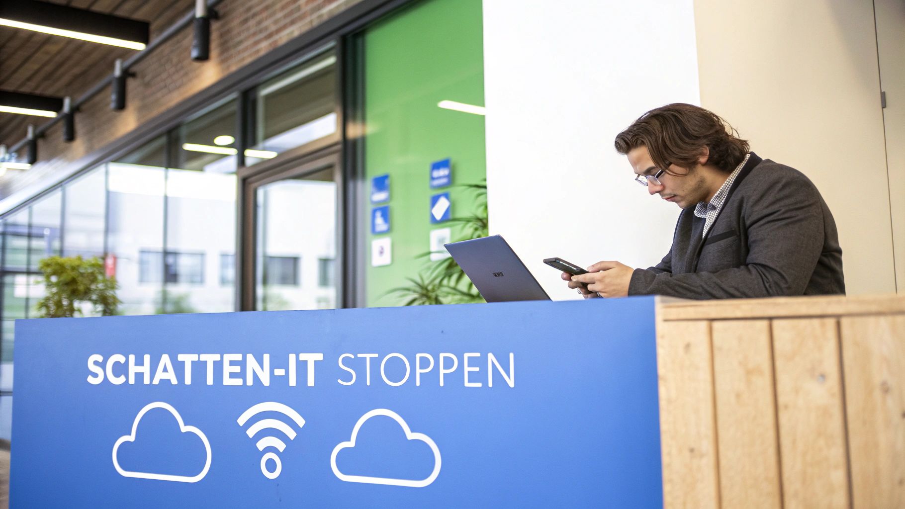 Ein Team arbeitet an Laptops, über einigen Köpfen schweben Glühbirnen-Symbole, die für unkontrollierte KI-Nutzung stehen.