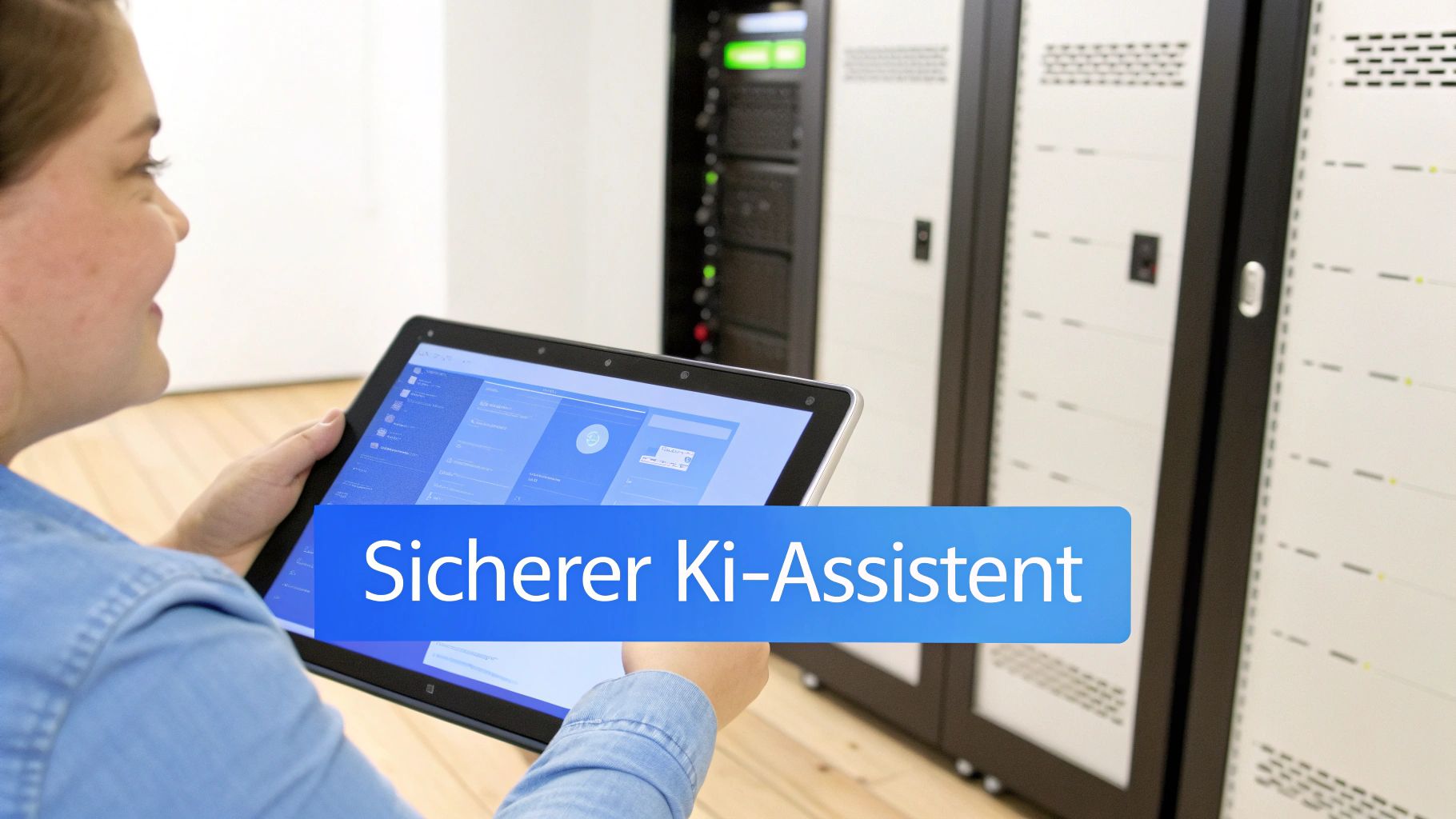 Ein Chatbot-Icon schwebt über einem stilisierten Büro, das Zusammenarbeit und Effizienz symbolisiert.