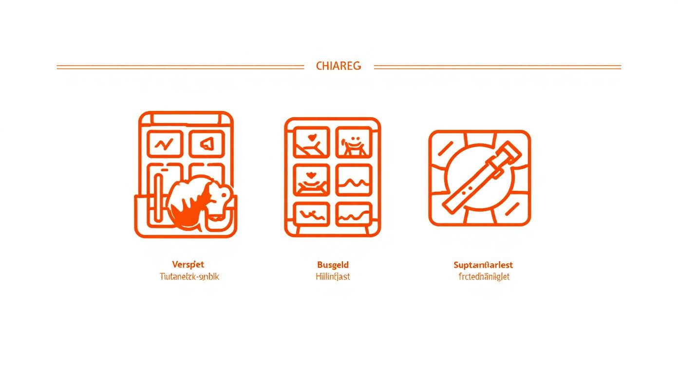 Infografik, die den Prozess eines DSGVO-Verstoßes darstellt, beginnend mit einem Datenleck, gefolgt von einem Bußgeld und endend mit Vertrauensverlust.