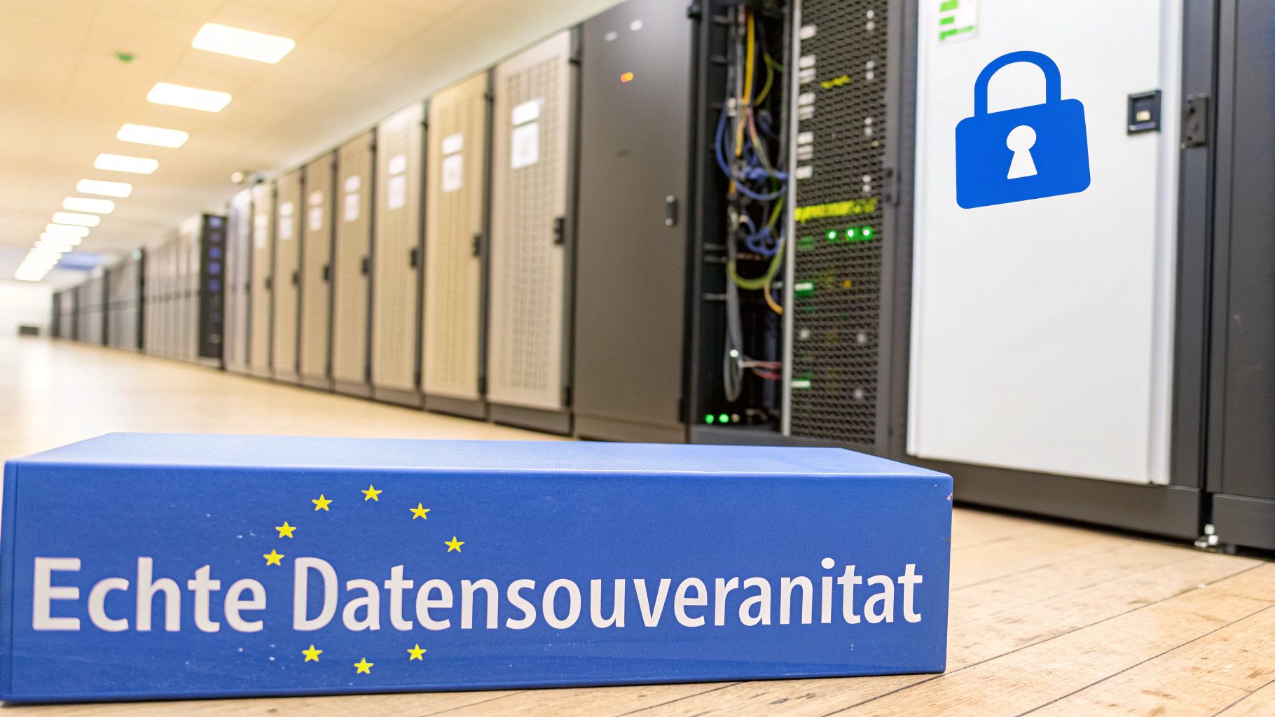 Ein stilisiertes digitales Schloss, das Sicherheit und Kontrolle über Daten in Europa symbolisiert.