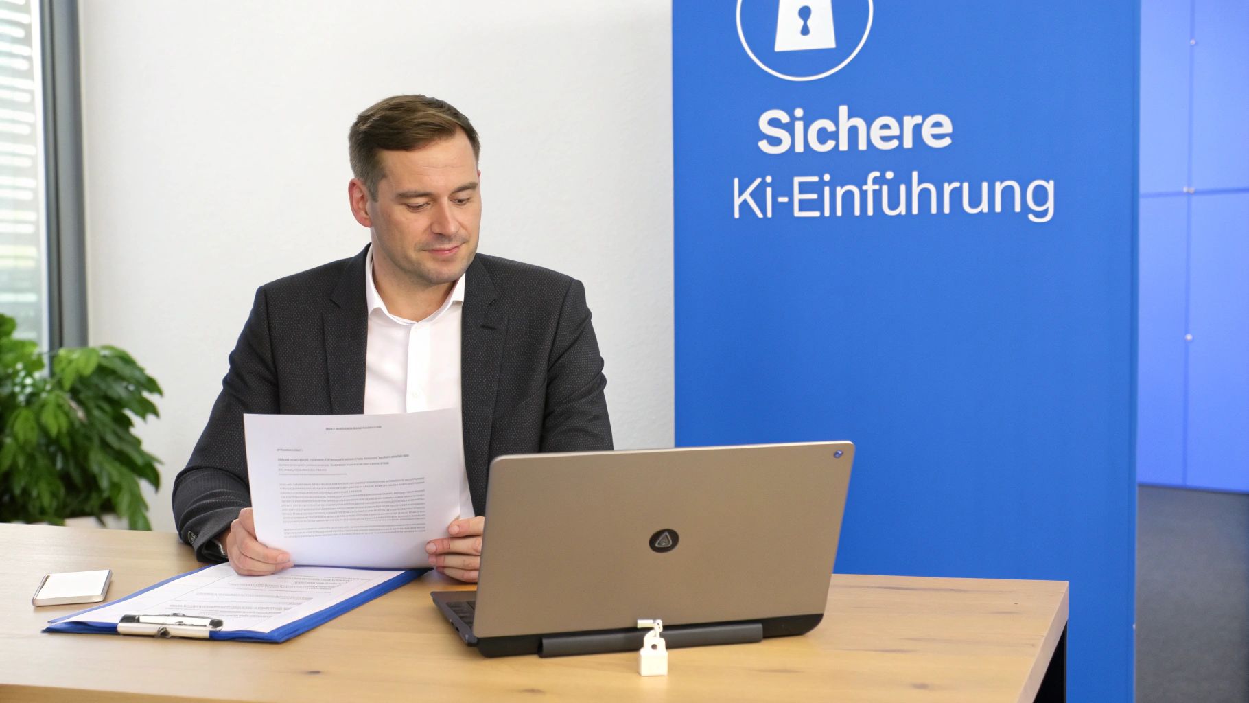 Ein modernes Büro, in dem ein Team konzentriert an Laptops arbeitet, während auf den Bildschirmen KI-gestützte Diagramme und Datenvisualisierungen zu sehen sind.