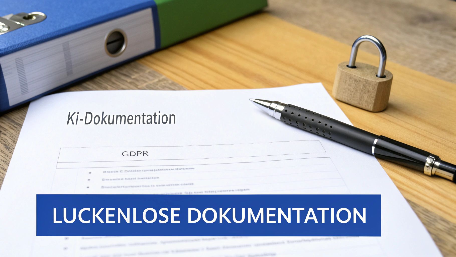 Eine Person sitzt an einem Schreibtisch und prüft sorgfältig ein Dokument, während im Hintergrund abstrakte, leuchtende Datenströme visualisiert sind, die Sicherheit und Kontrolle symbolisieren.