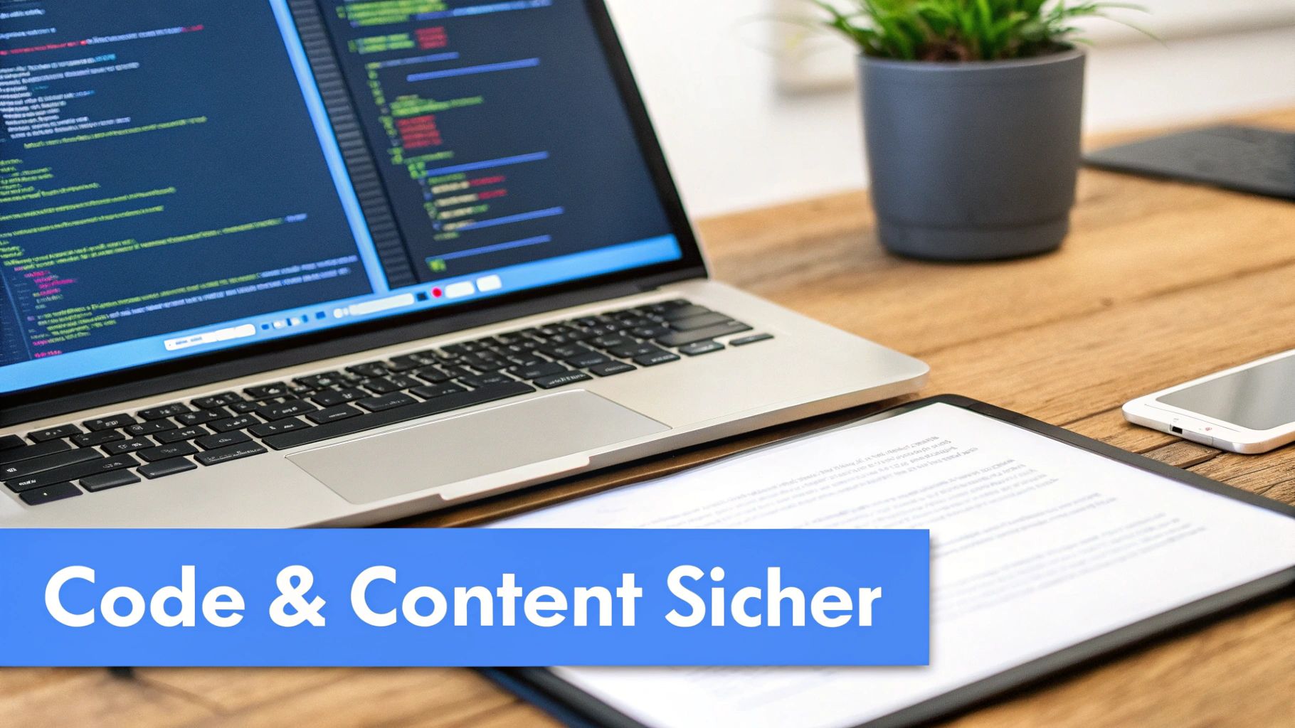 Ein Entwickler und ein Marketer arbeiten zusammen an einem Computer und symbolisieren die Synergie von Code- und Content-Erstellung mit KI.