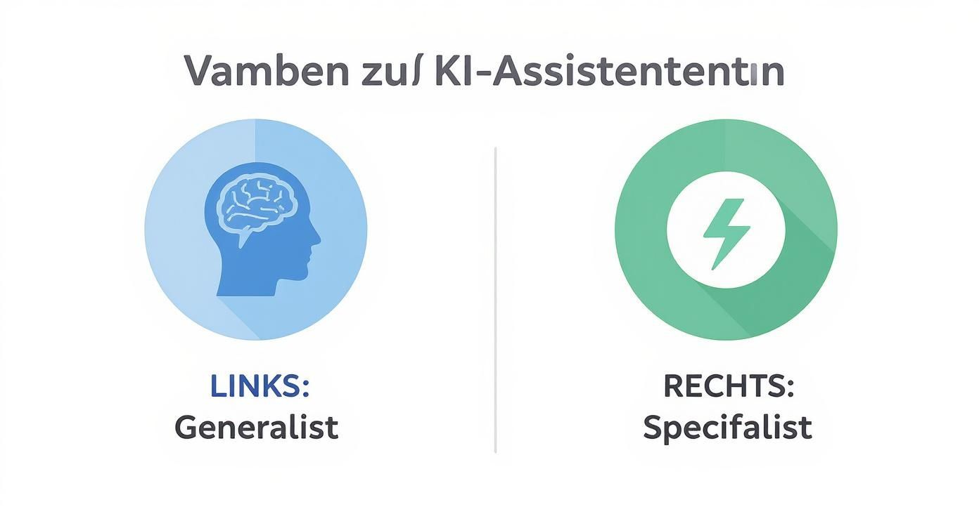 Infografik, die einen Generalisten-KI (Gehirn-Icon) mit einem Spezialisten-KI (Zielscheiben-Icon) vergleicht, um die Vorteile eines custom gpt zu zeigen.