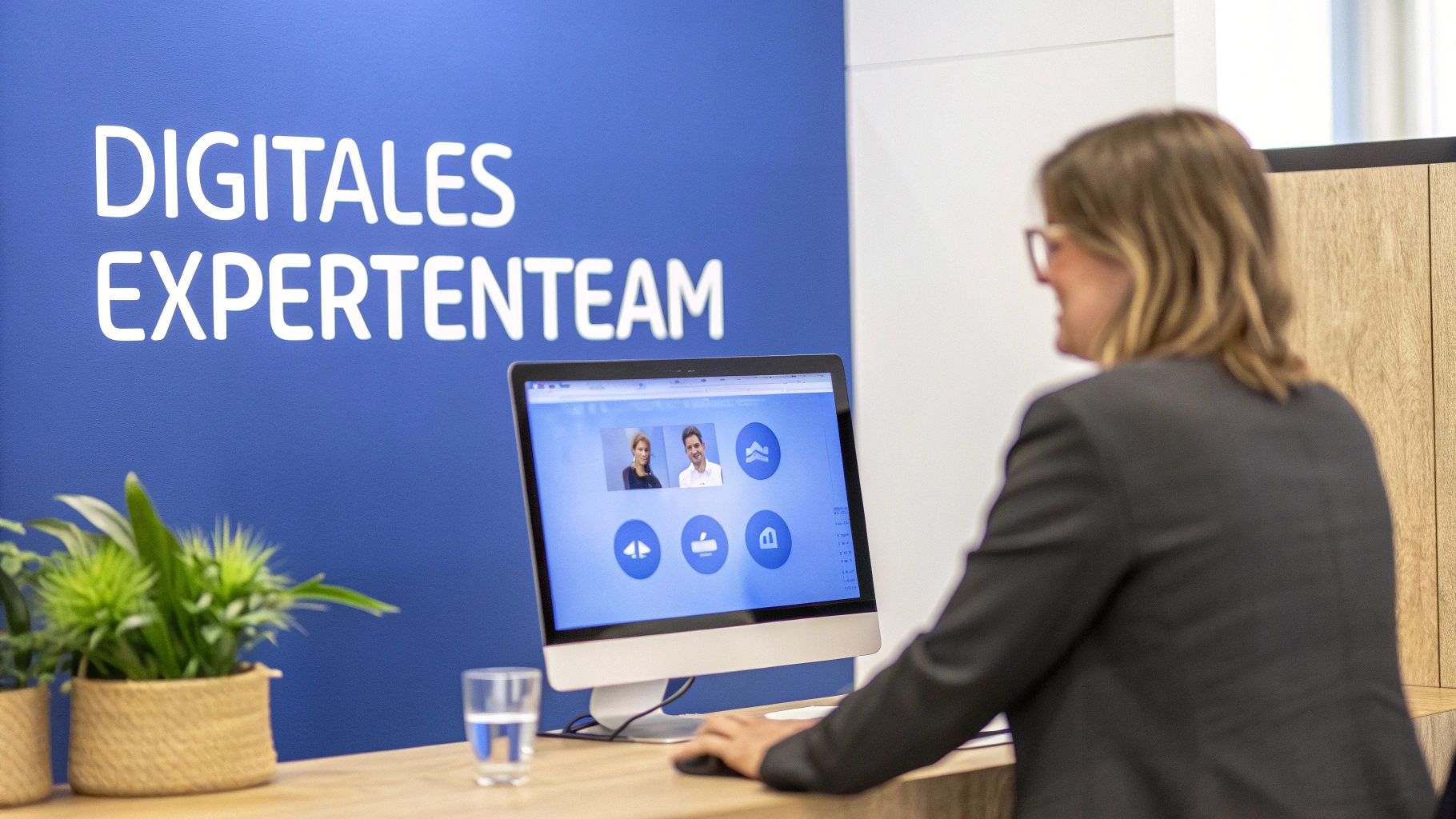 Eine Gruppe von Robotern in einem modernen Büro, die zusammenarbeiten.