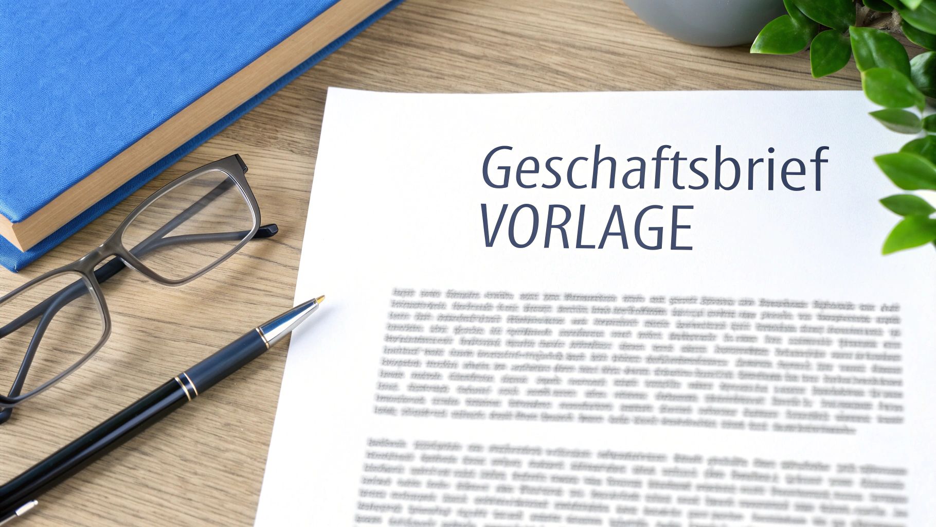 Geschäftsbrief Vorlage Dokument auf Holztisch mit Brille, Stift und blauem Notizbuch für professionelle Korrespondenz