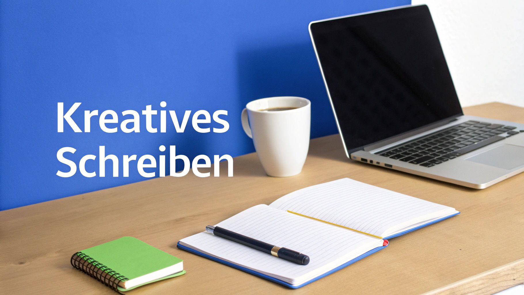 Kreatives Schreiben Arbeitsplatz mit Laptop, Notizbuch, Stift und Kaffeetasse auf Holztisch