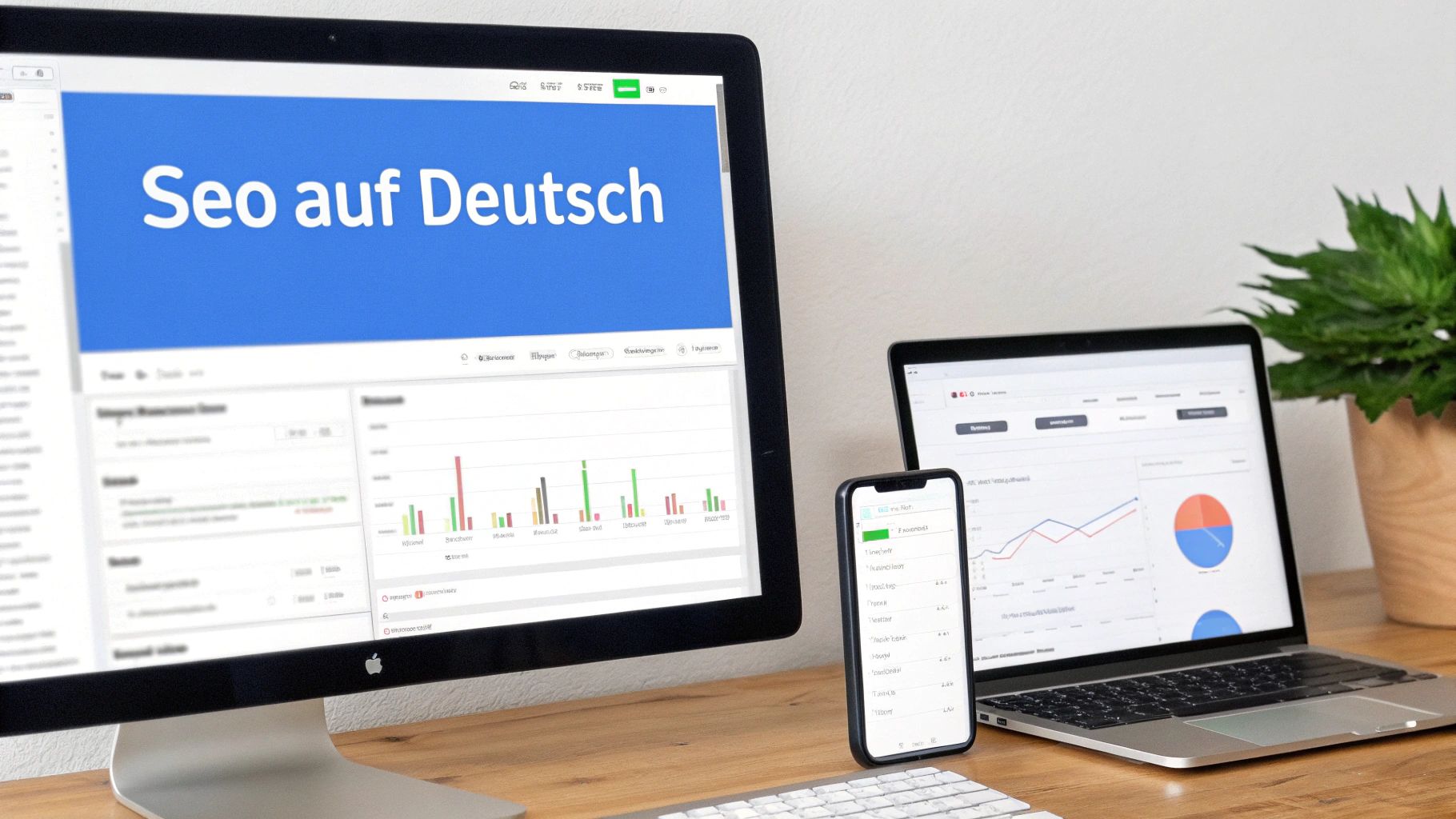 SEO auf Deutsch Dashboard mit Analysen und Statistiken auf mehreren Geräten angezeigt
