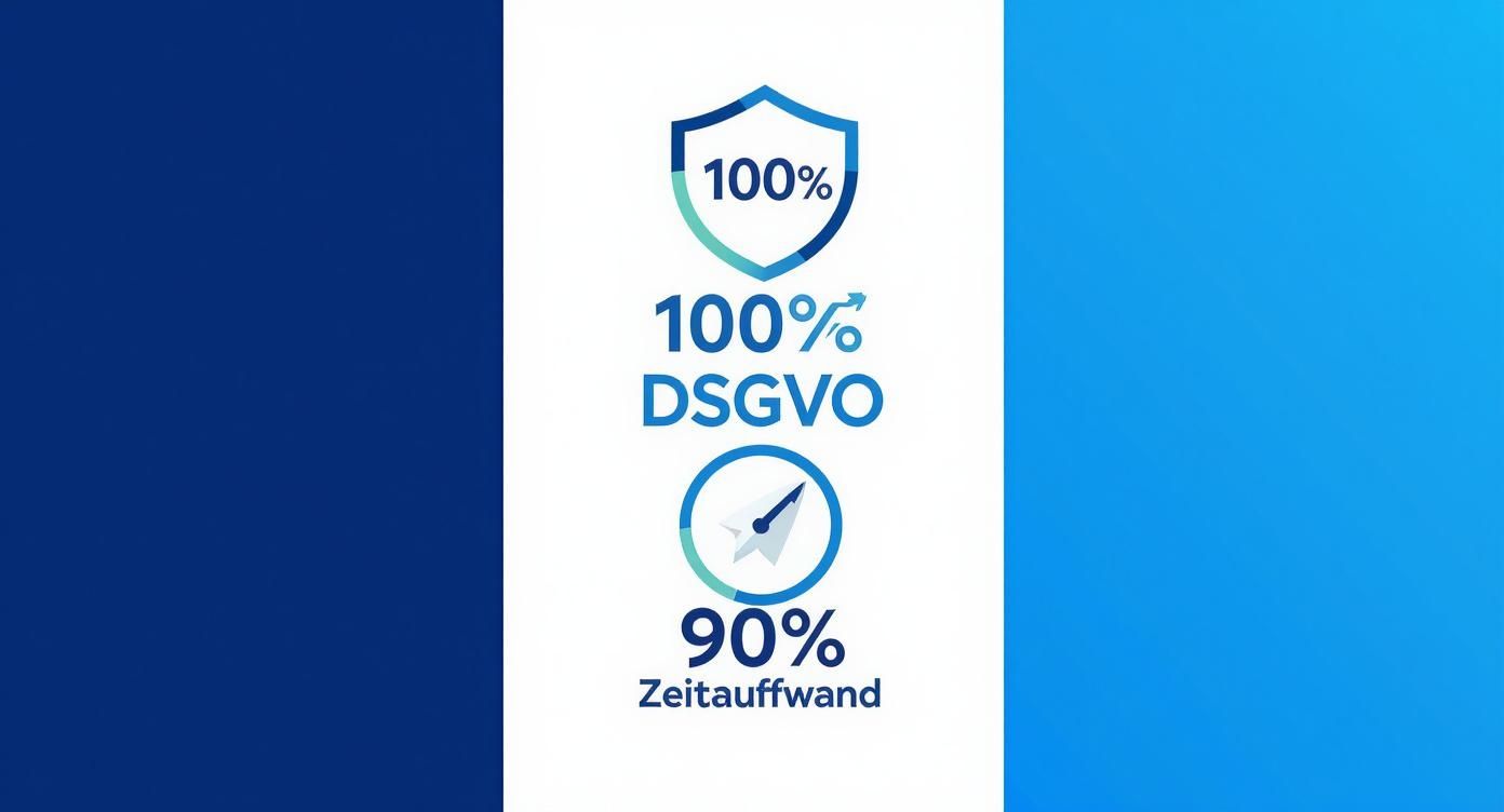 Infografik zeigt hundert Prozent DSGVO-Konformität mit Schutzschild und neunzig Prozent Zeitersparnis mit Tachometer-Symbol