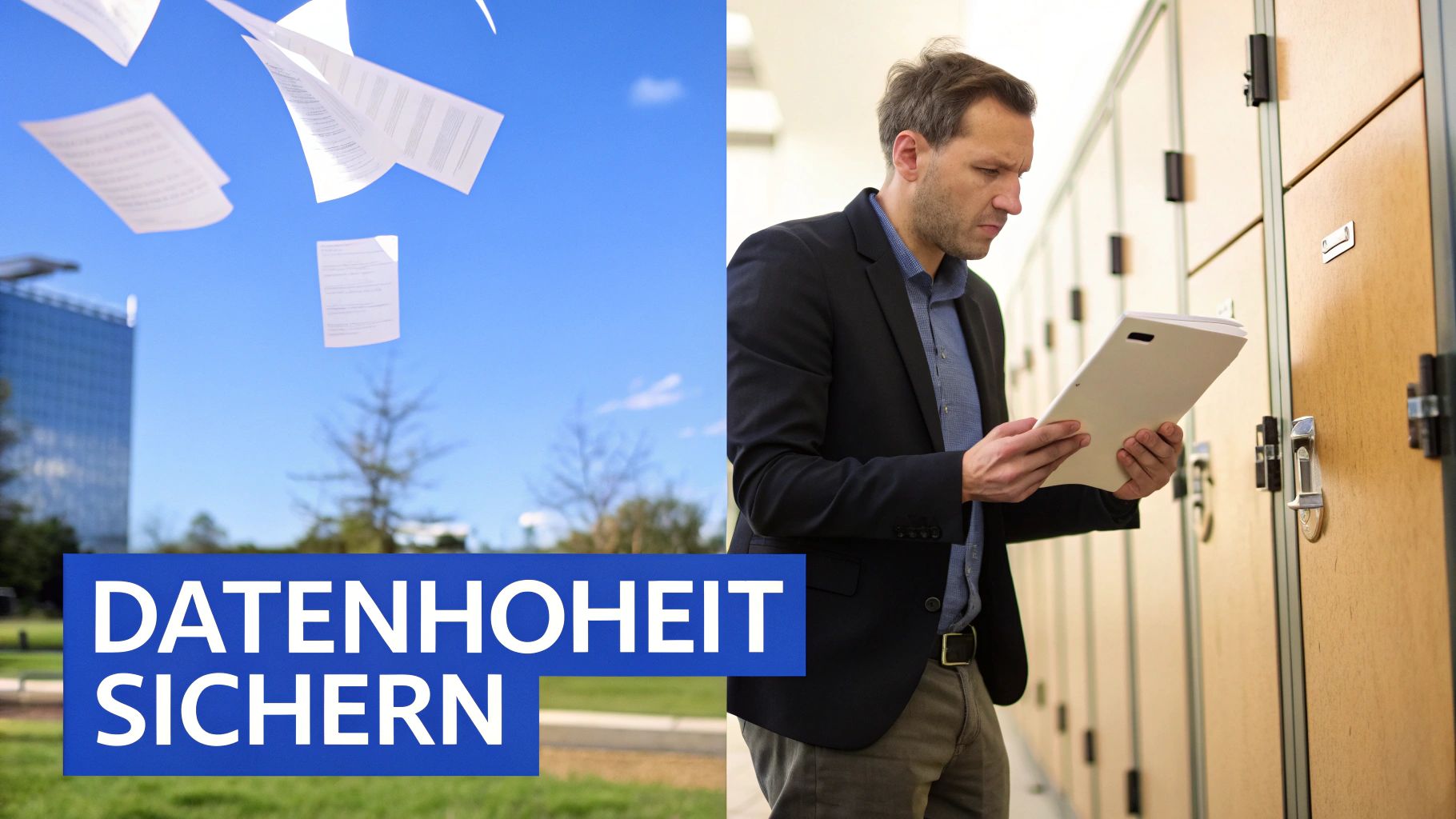 Geschäftsmann nutzt Tablet zum sicheren Verwalten von Daten und Dokumenten im Büro