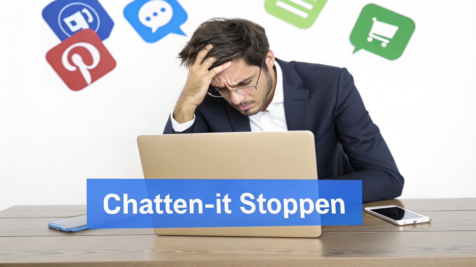 Gestresster Geschäftsmann am Laptop mit Messaging-Apps-Symbolen und Text Chatten-it Stoppen im Hintergrund