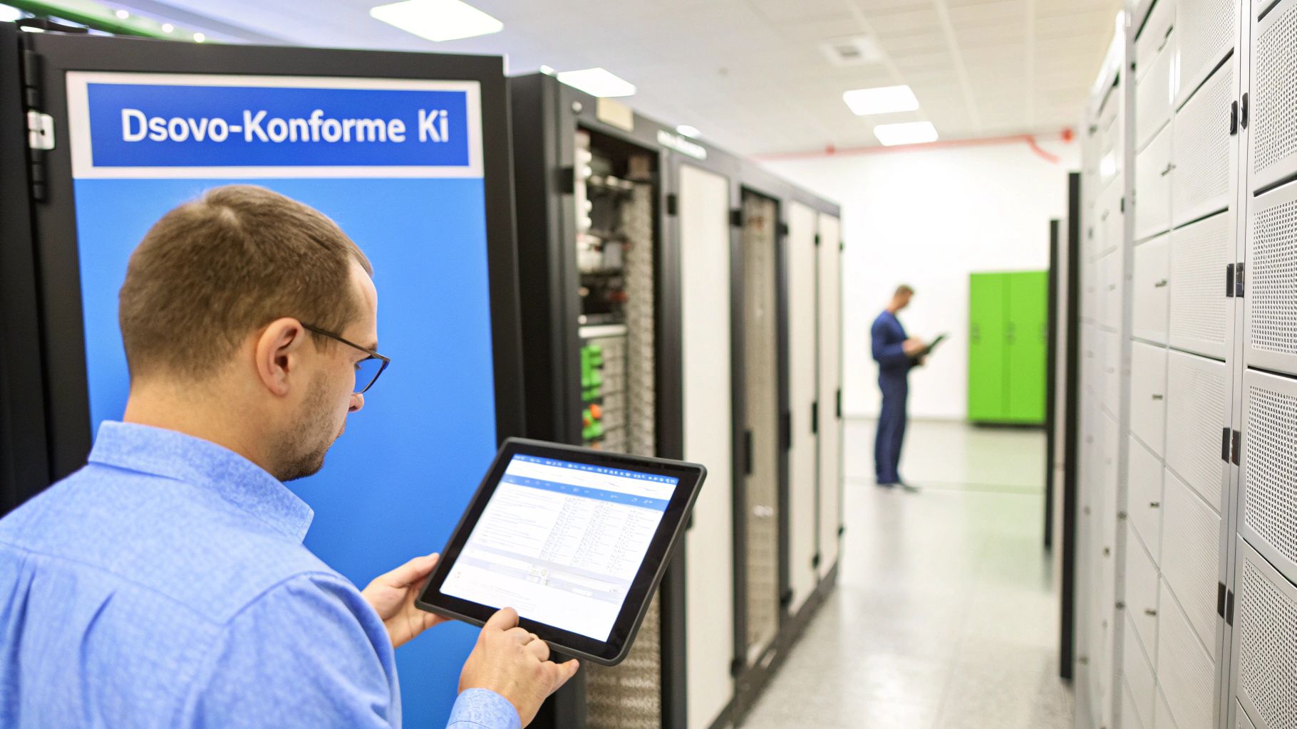 Techniker mit Tablet prüft industrielle Steuerungssysteme in modernem Serverraum mit Dsovo-Konforme KI Display