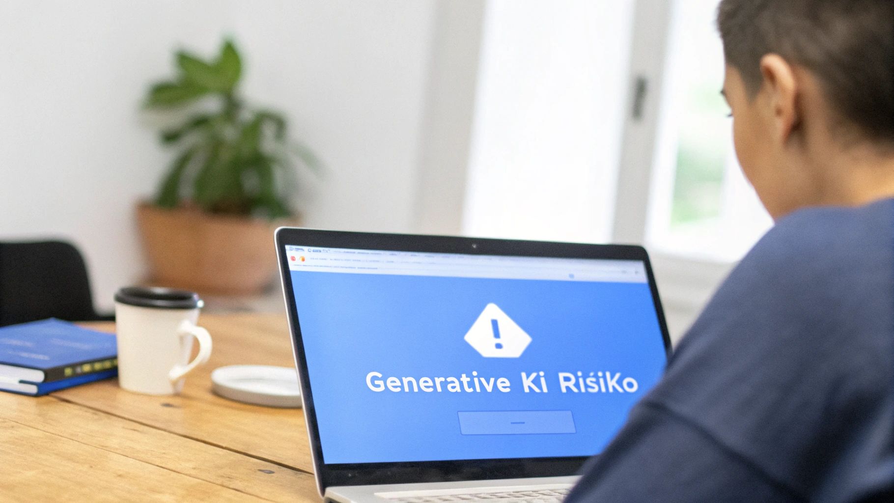 Person betrachtet Laptop-Bildschirm mit Warnung zu Risiken generativer KI am Arbeitsplatz