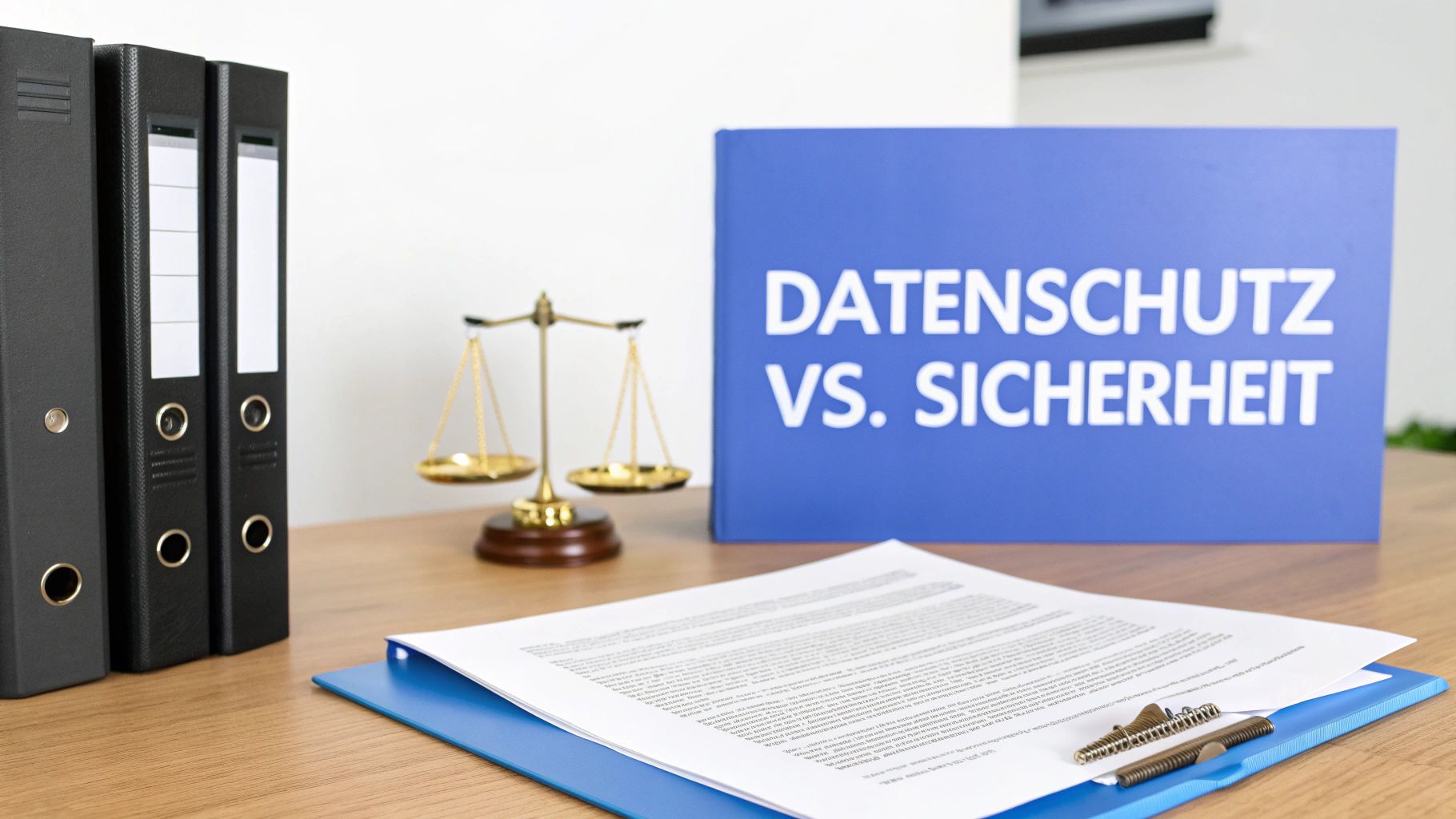 Ordner, Waage und Dokument auf Schreibtisch mit blauem Schild Datenschutz versus Sicherheit