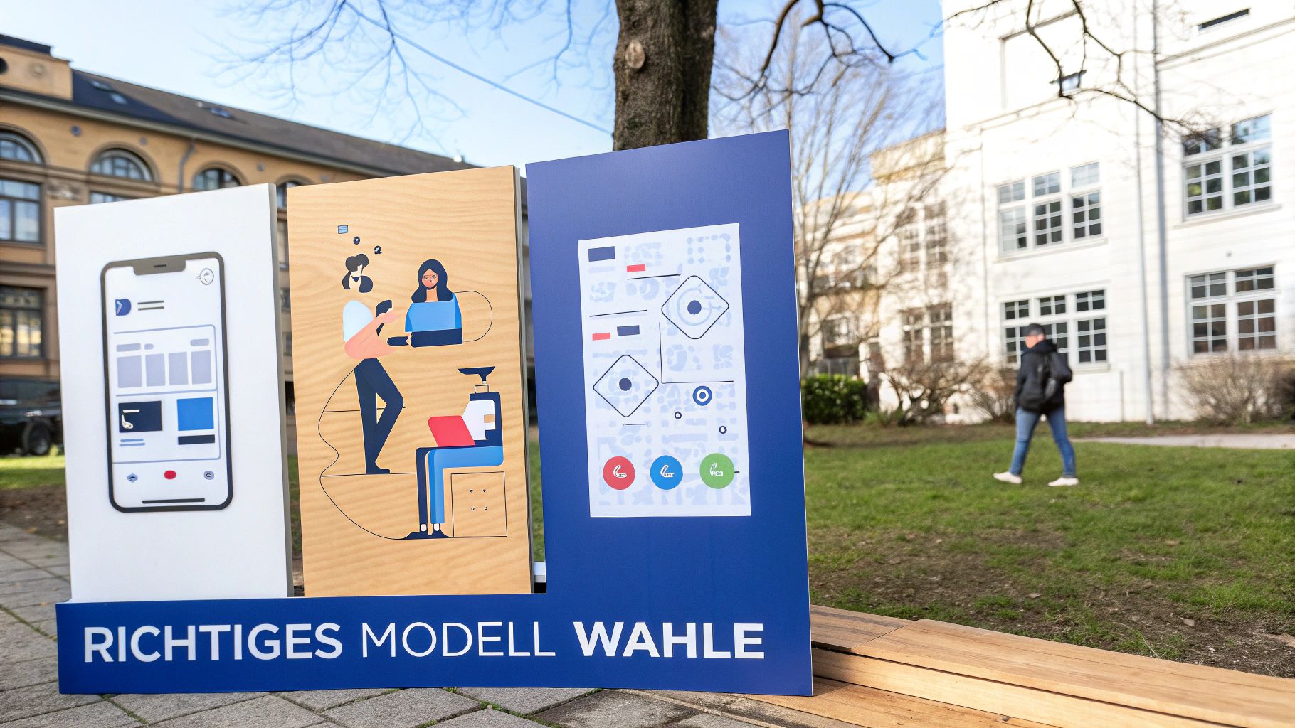 Ausstellungstafel zeigt drei digitale Lösungsmodelle mit Smartphone-App, Benutzer-Illustration und Interface-Konzept zur richtigen Modellwahl