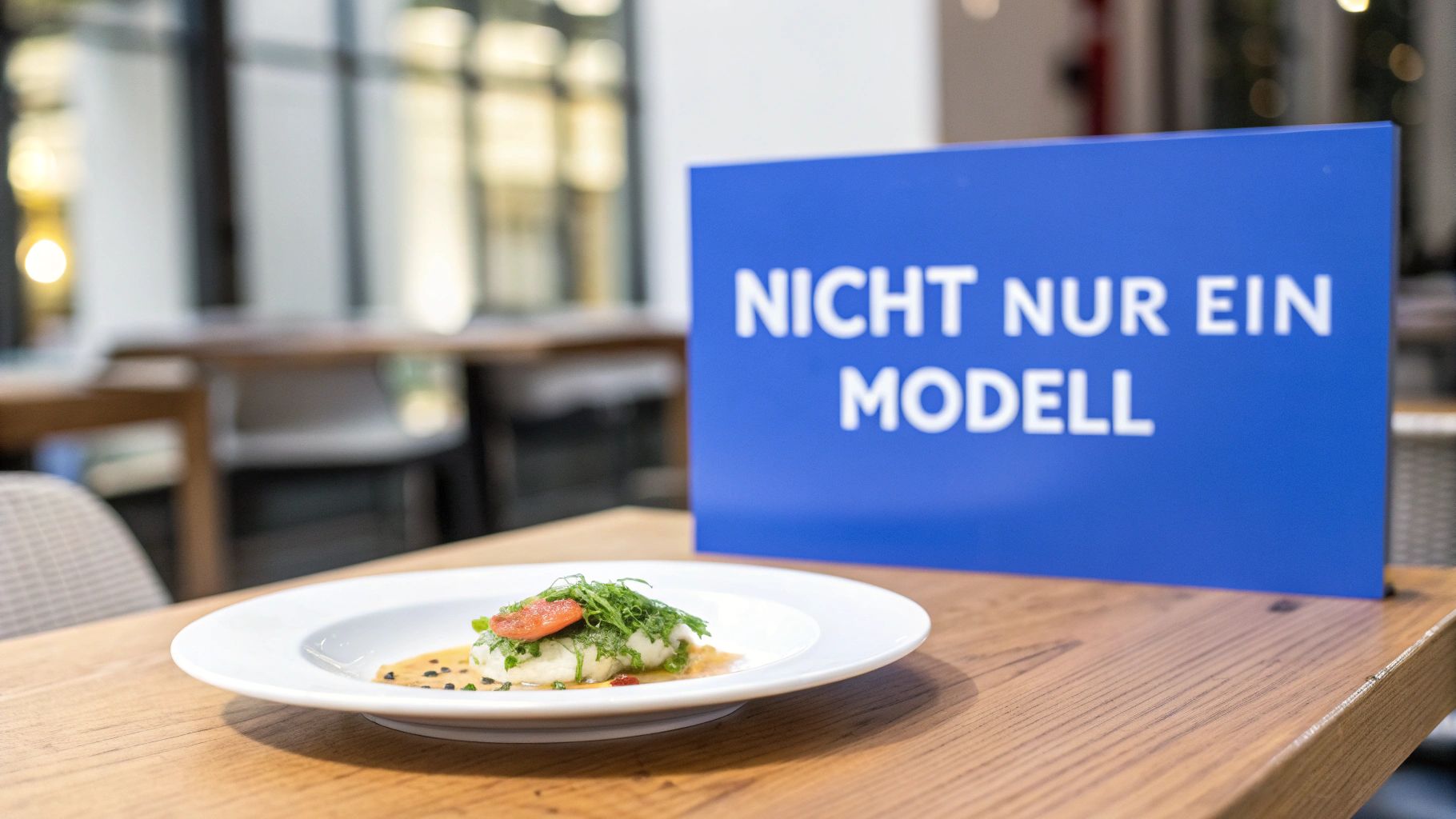 Elegantes Gericht auf weißem Teller mit blauem Schild 'Nicht nur ein Modell' im Restaurant