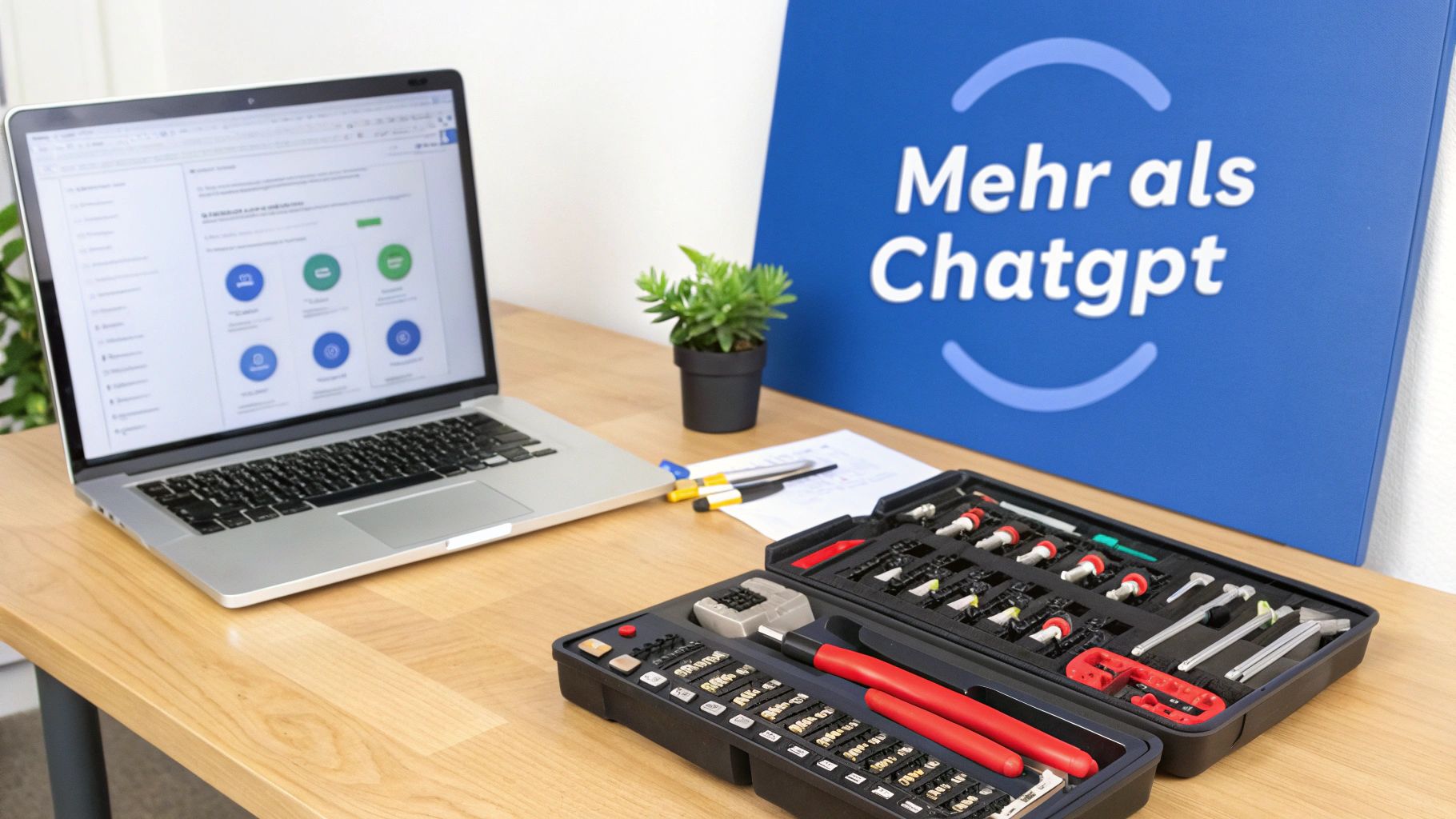 Ein Laptop, eine Pflanze und ein Werkzeugkasten auf einem Holzschreibtisch. Im Hintergrund ist ein blaues Schild mit der Aufschrift „Mehr als Chatgpt“ zu sehen.