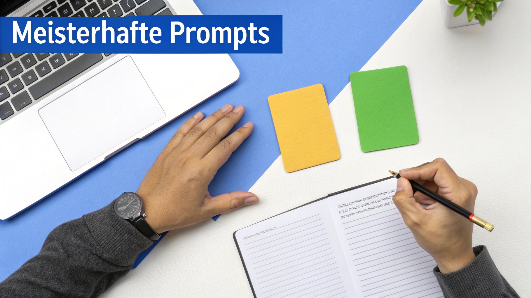 Hände auf einem Schreibtisch mit Laptop, Notizbuch, Stift und bunten Notizzetteln. Ein Banner zeigt 'Meisterhafte Prompts'.