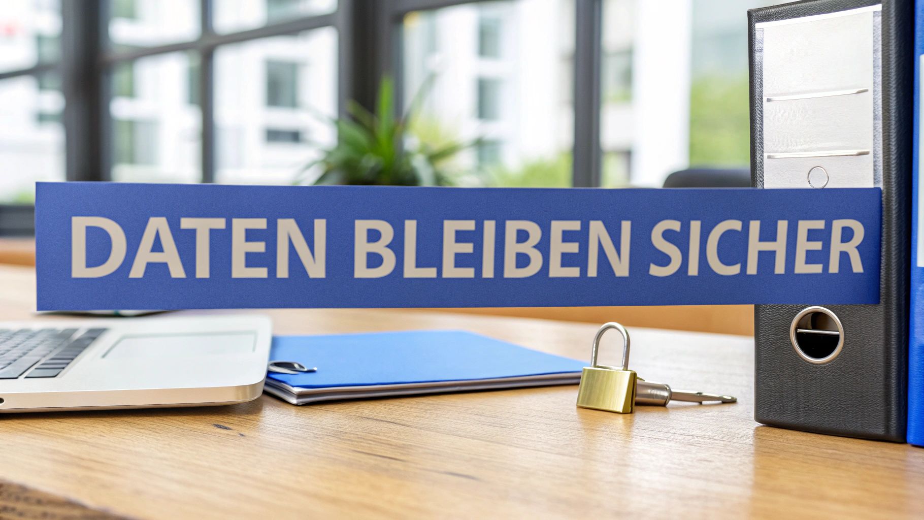 Blaues Schild mit der Aufschrift "DATEN BLEIBEN SICHER" auf einem Schreibtisch mit Laptop, Ordner und Schloss.