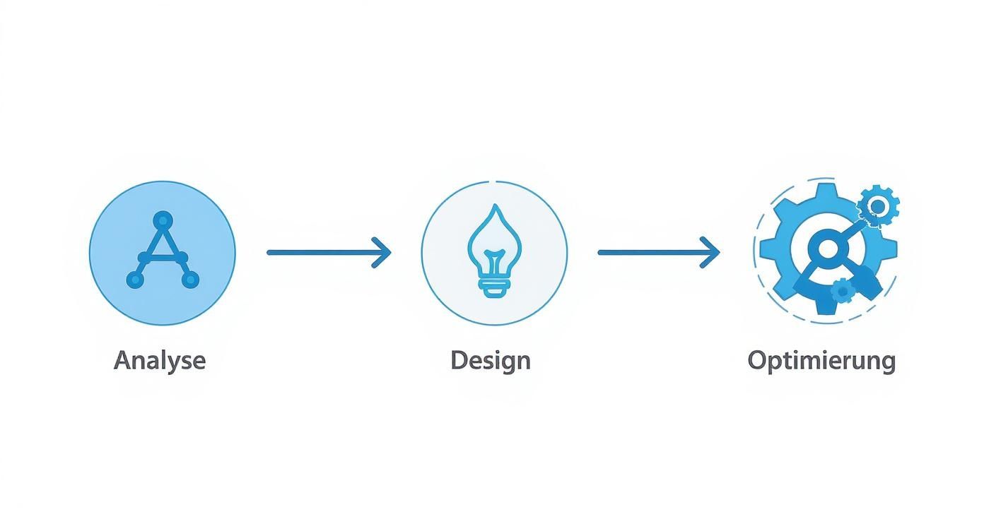 Flussdiagramm mit den Schritten Analyse (Symbol A), Design (Glühbirne) und Optimierung (Zahnräder) in blauen Icons.
