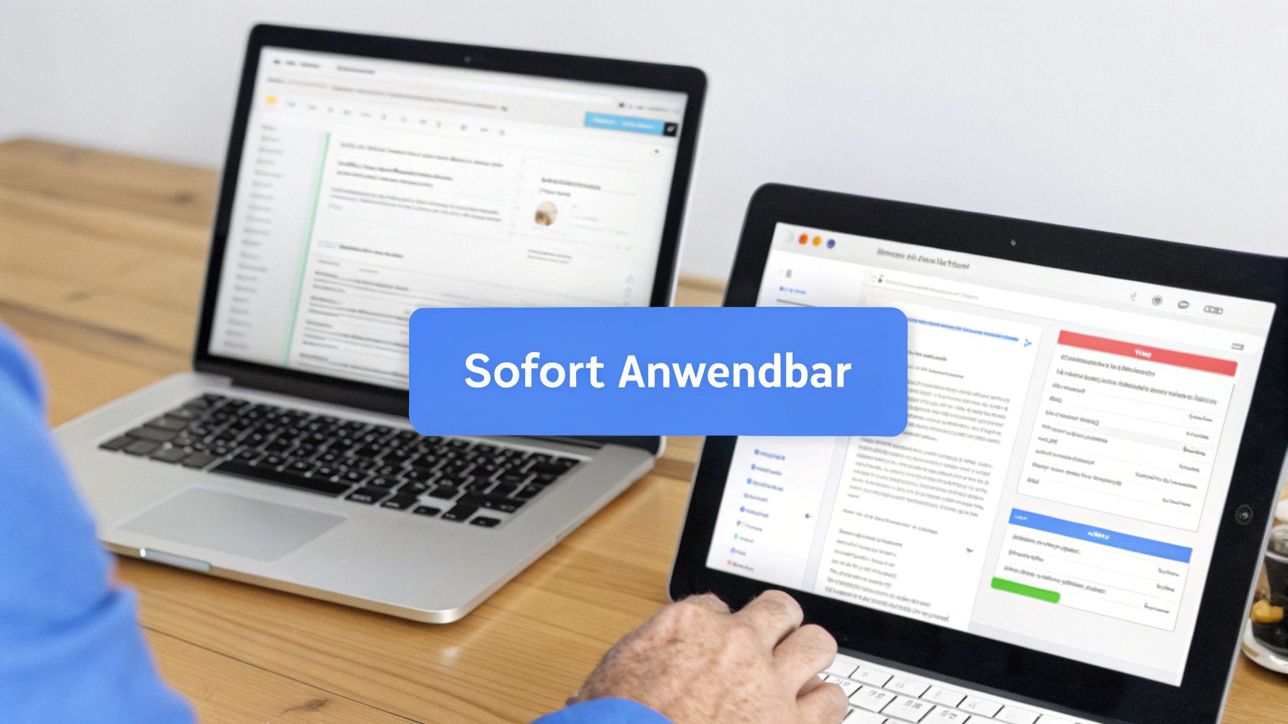 Person arbeitet an Laptop und Tablet auf einem Holztisch, Bild mit Text 'Sofort Anwendbar'.